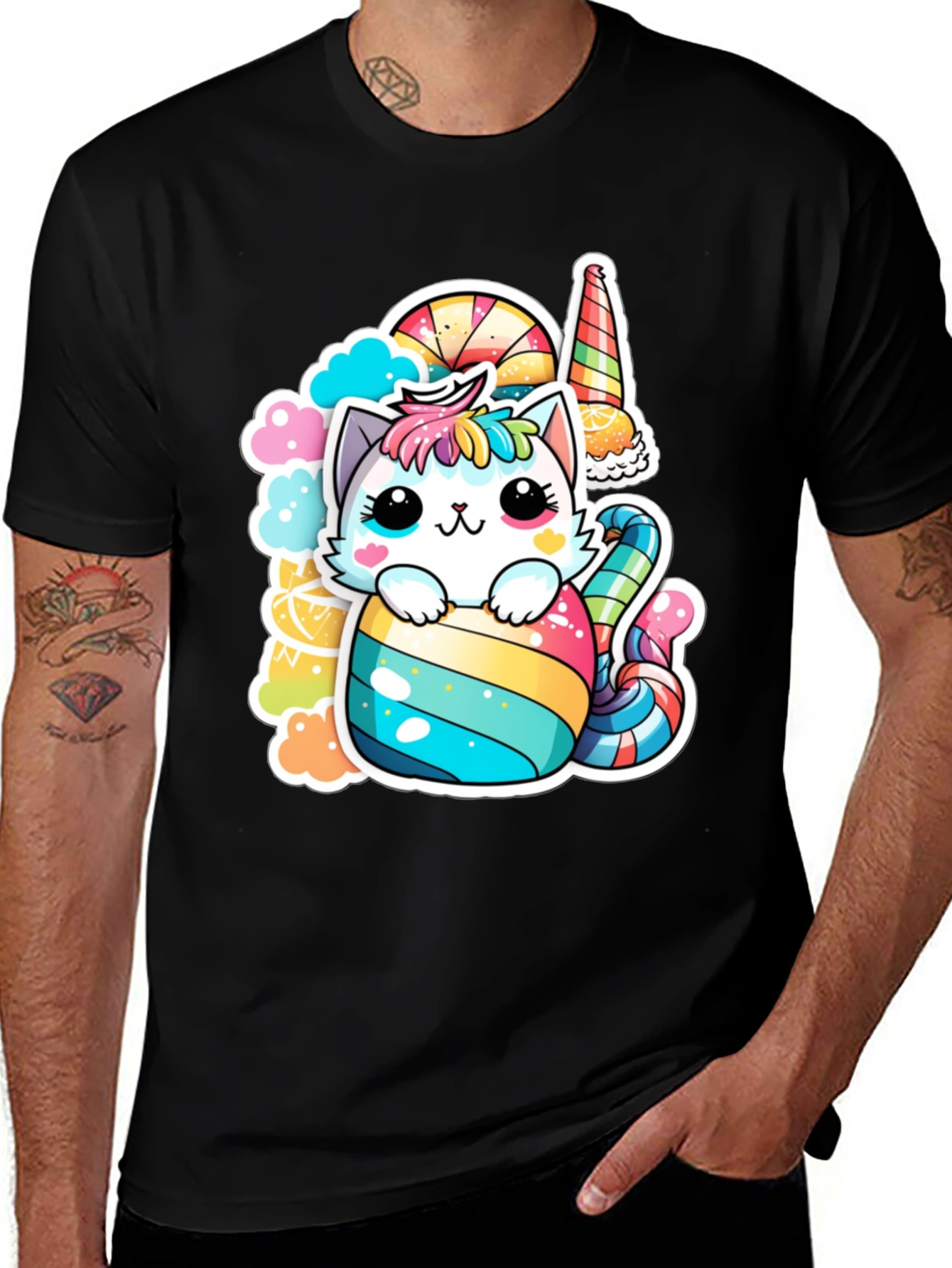 Kawaii Candy Cat T-Shirt - Cute & Colorful Design