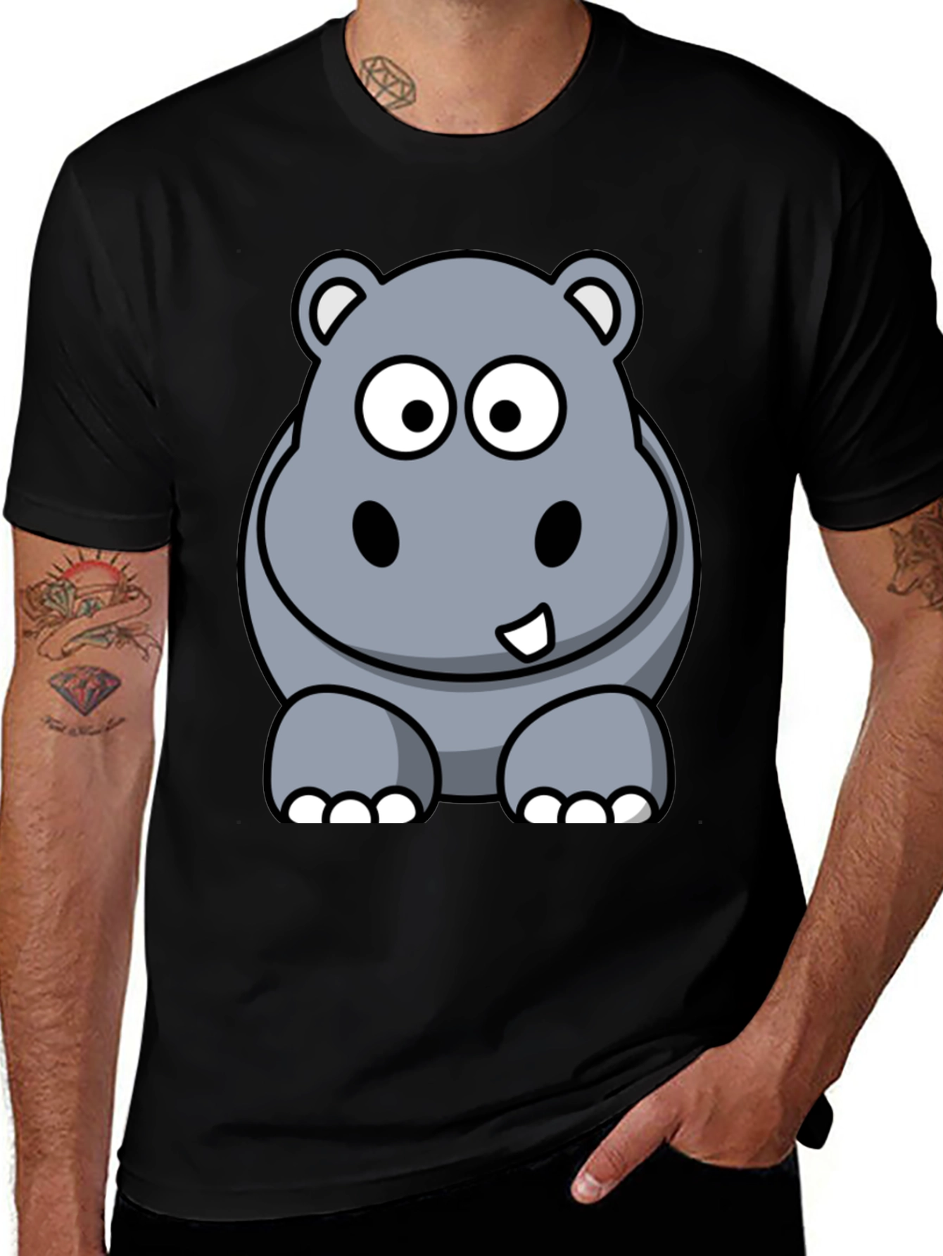 Black Cartoon Hippo Graphic Tee - Black Cotton T-Shirt main image
