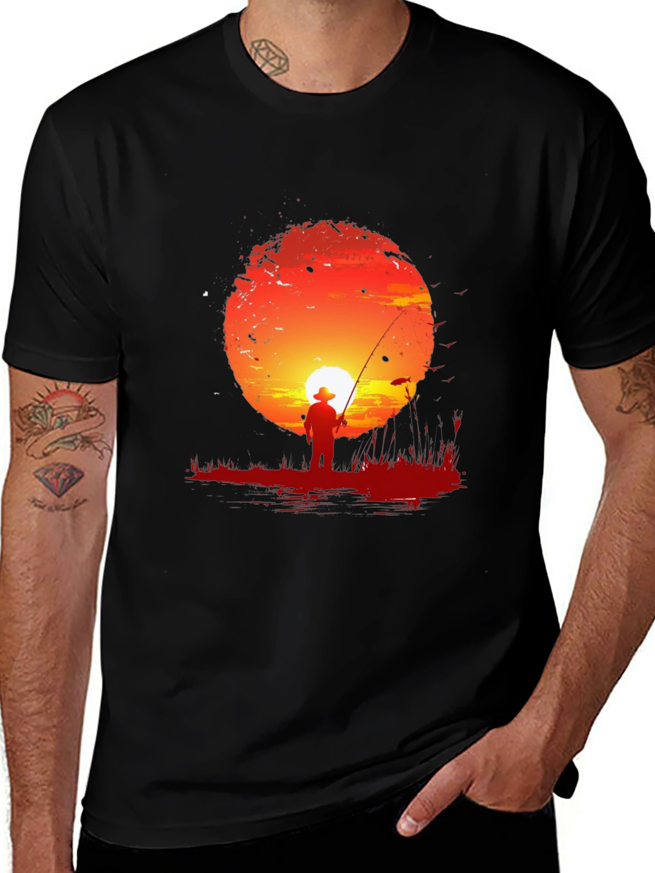 Sunset Fisherman Graphic Tee - Unique Design