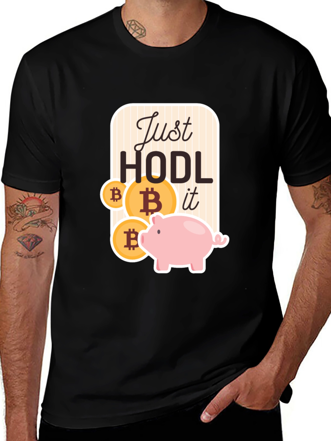 Variant 28 of Just HODL Bitcoin T-Shirt Crypto Piggy Bank Investor Tee