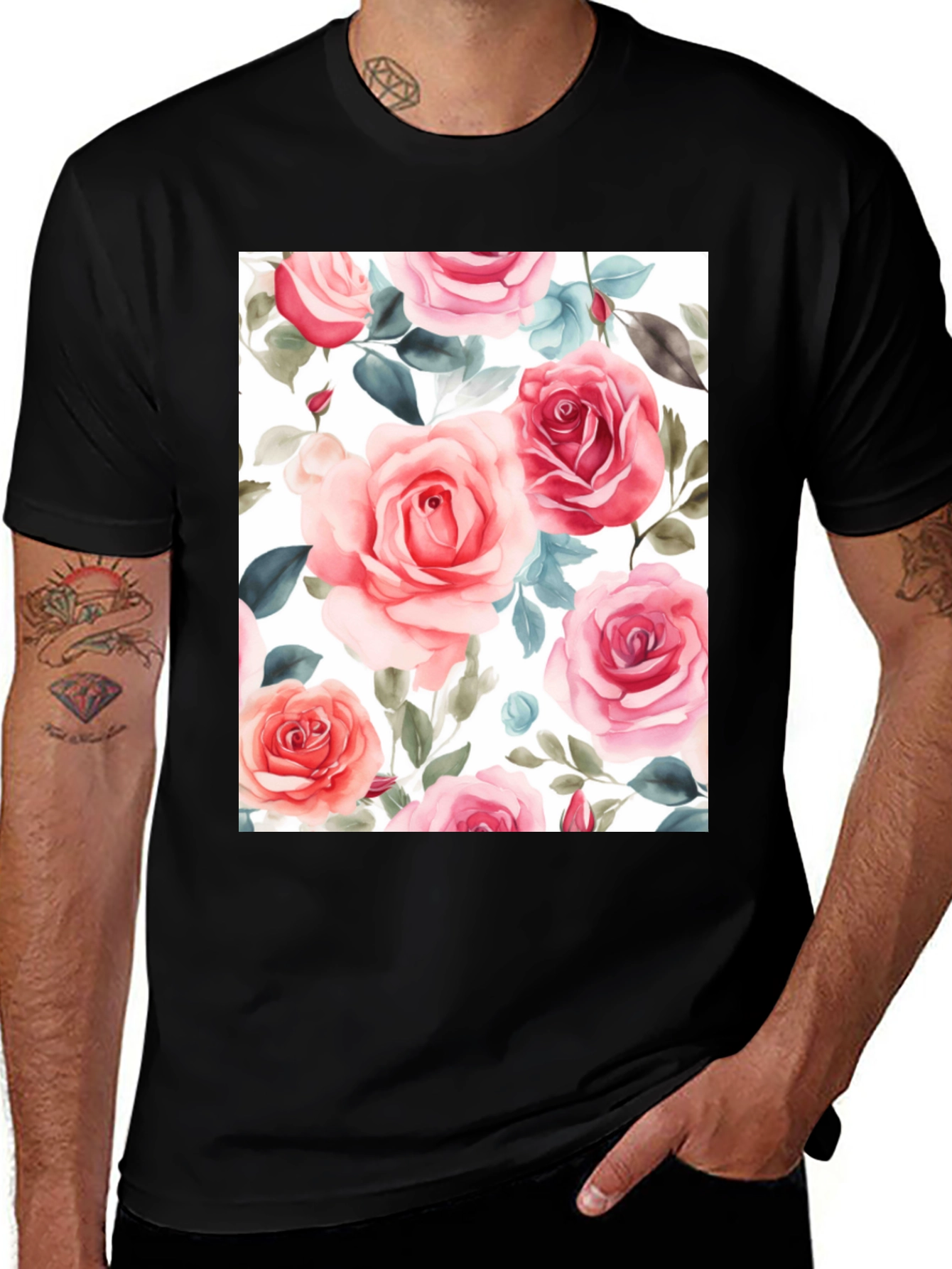 Variant 9 of Floral Rose Print Black T-Shirt