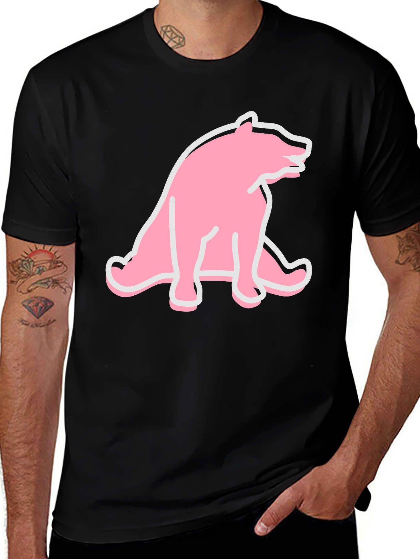 Pink Bear Graphic Tee - Casual Black T-Shirt