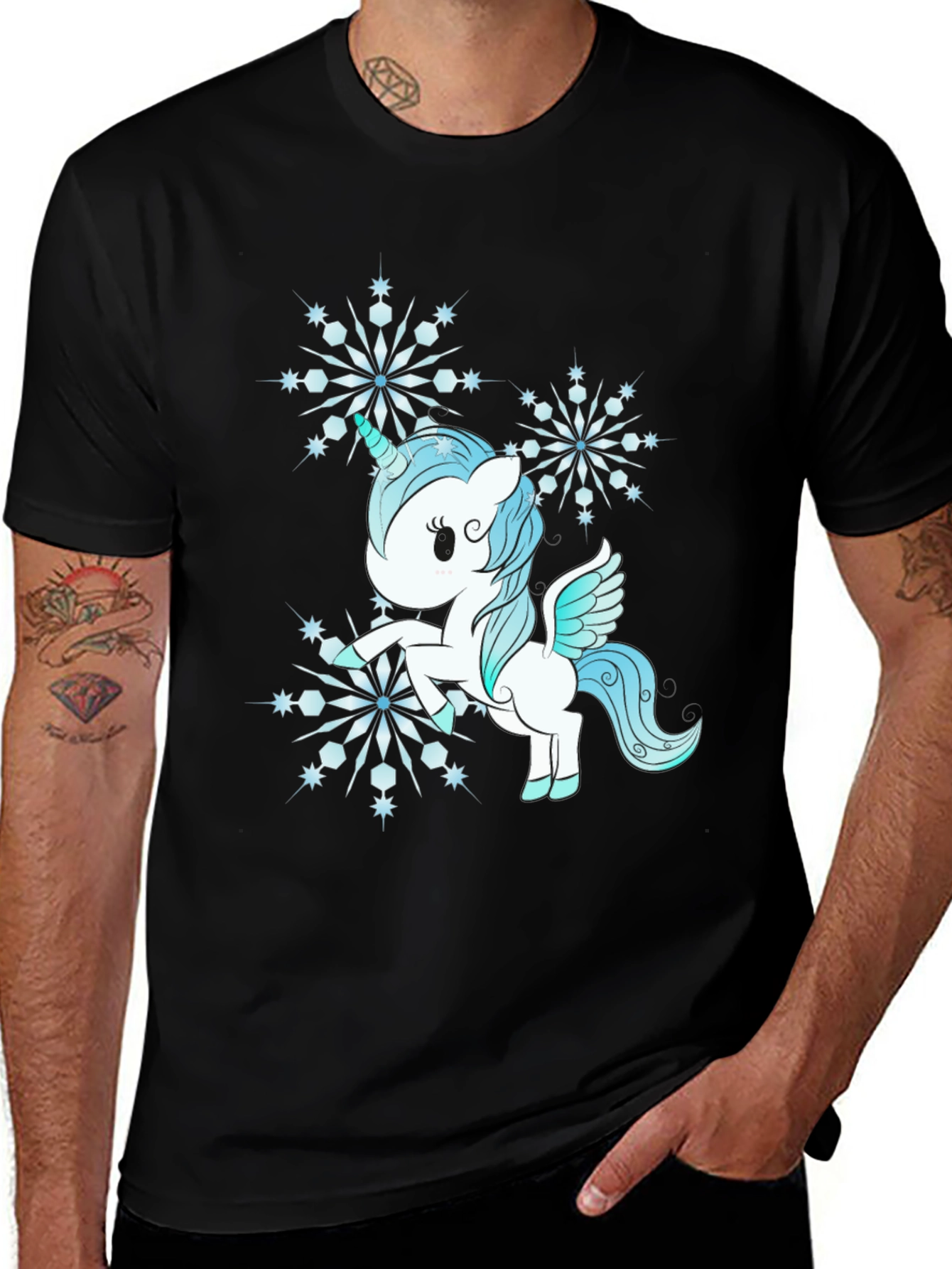 Variant 4 of Cute Unicorn Snowflake Graphic Tee - Black