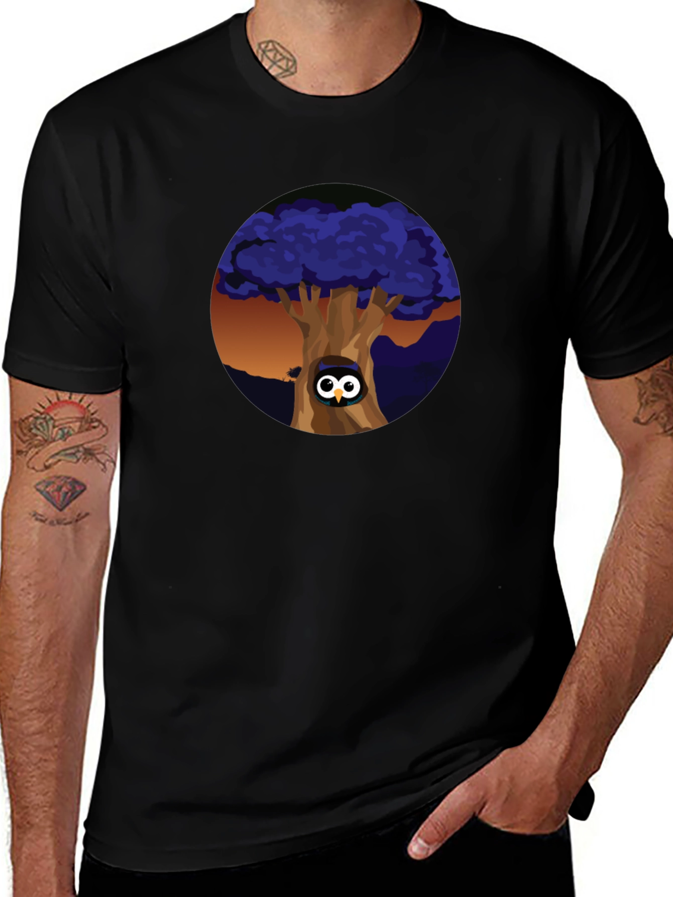 Variant 7 of Owl in Tree Graphic Black T-Shirt