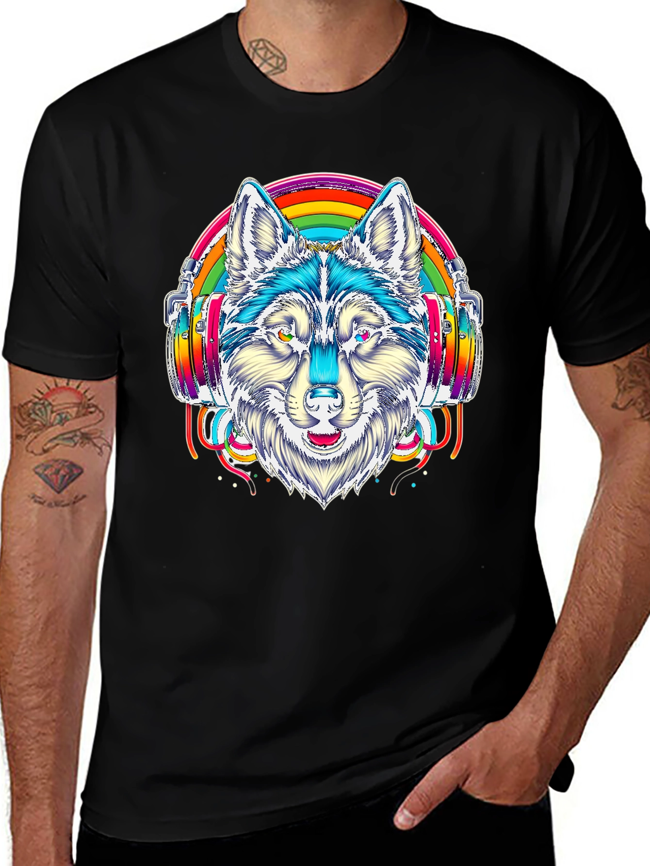 Variant 15 of Rainbow Wolf Headphone Graphic Tee - Black