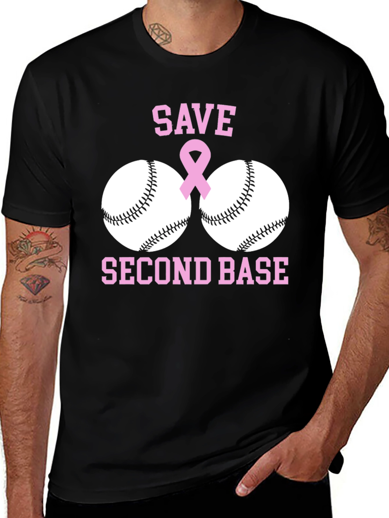 Variant 5 of Save Second Base T-Shirt - Baseball & Breast Cancer Awareness