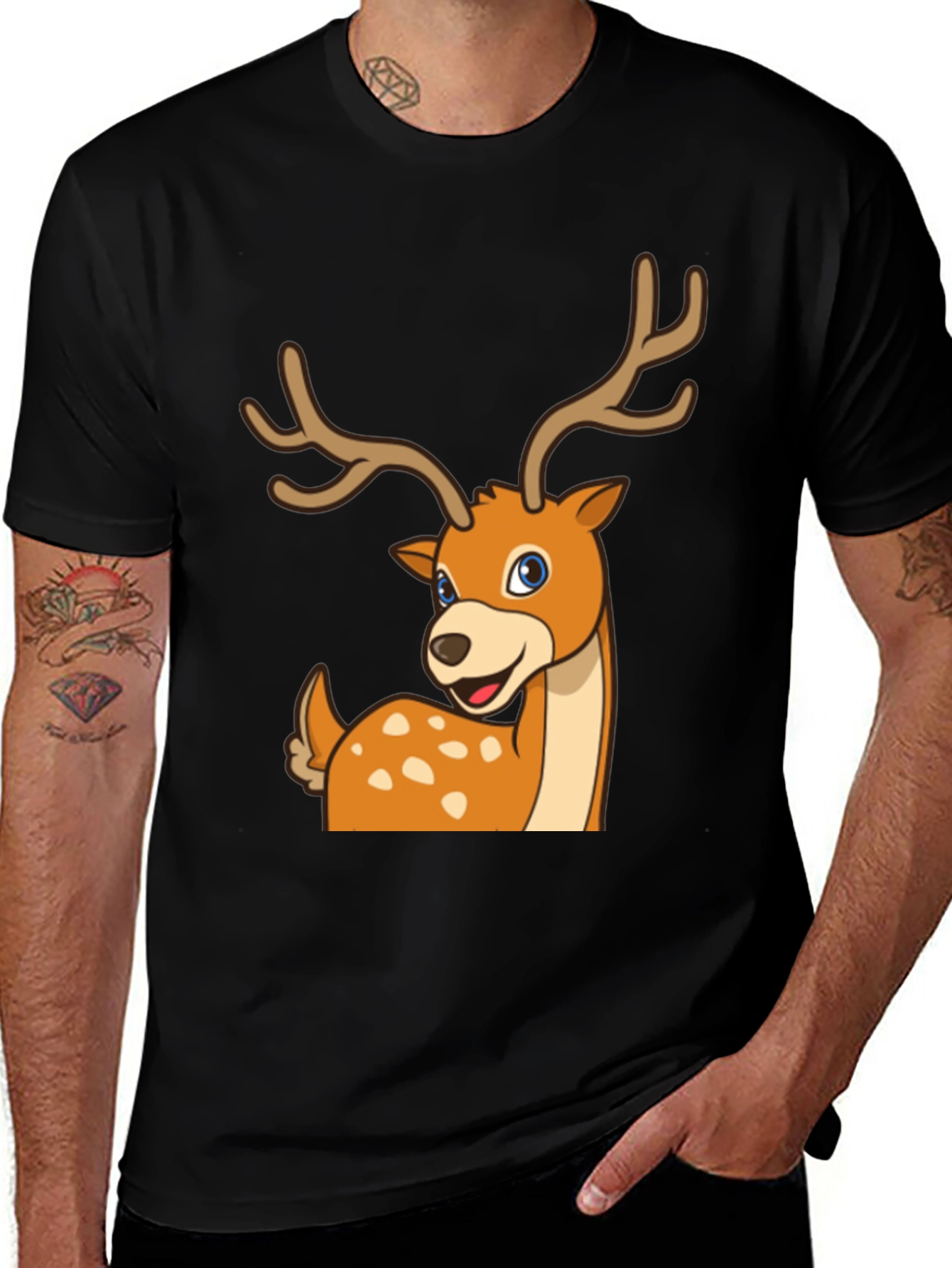 Black Deer Cartoon Graphic Black T-Shirt main image