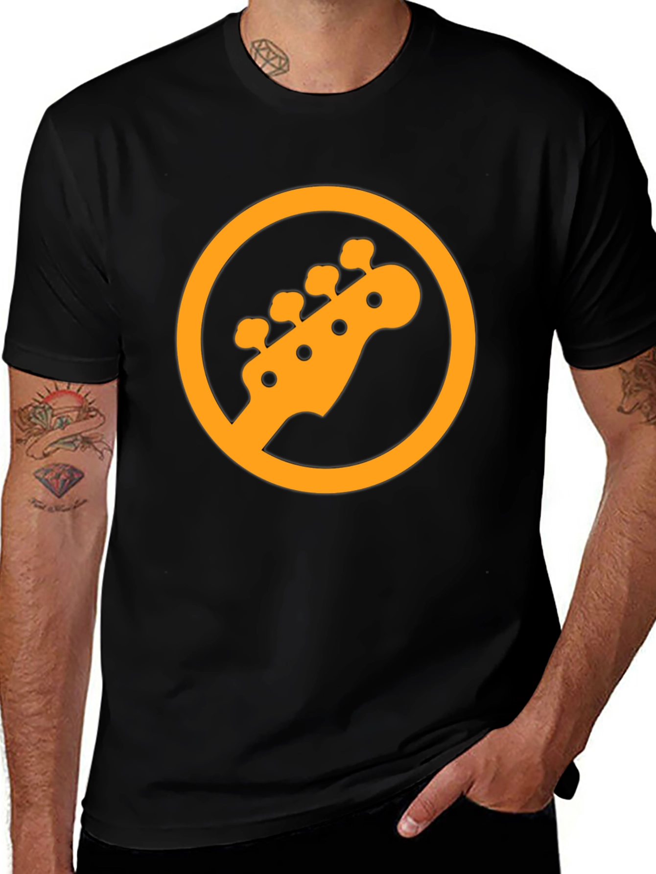 Variant 15 of Black T-Shirt with Orange Guitar Headstock Circle Graphic