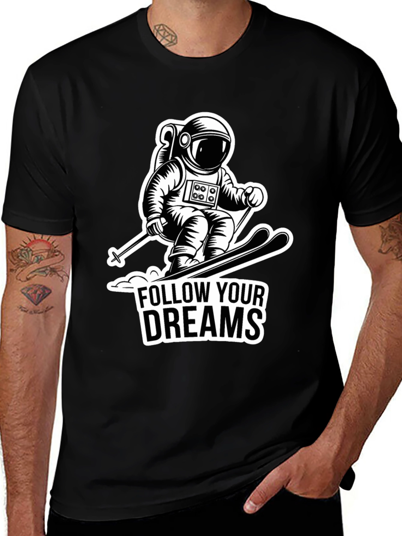 Black Astronaut Skiing Graphic Tee - Follow Your Dreams main image