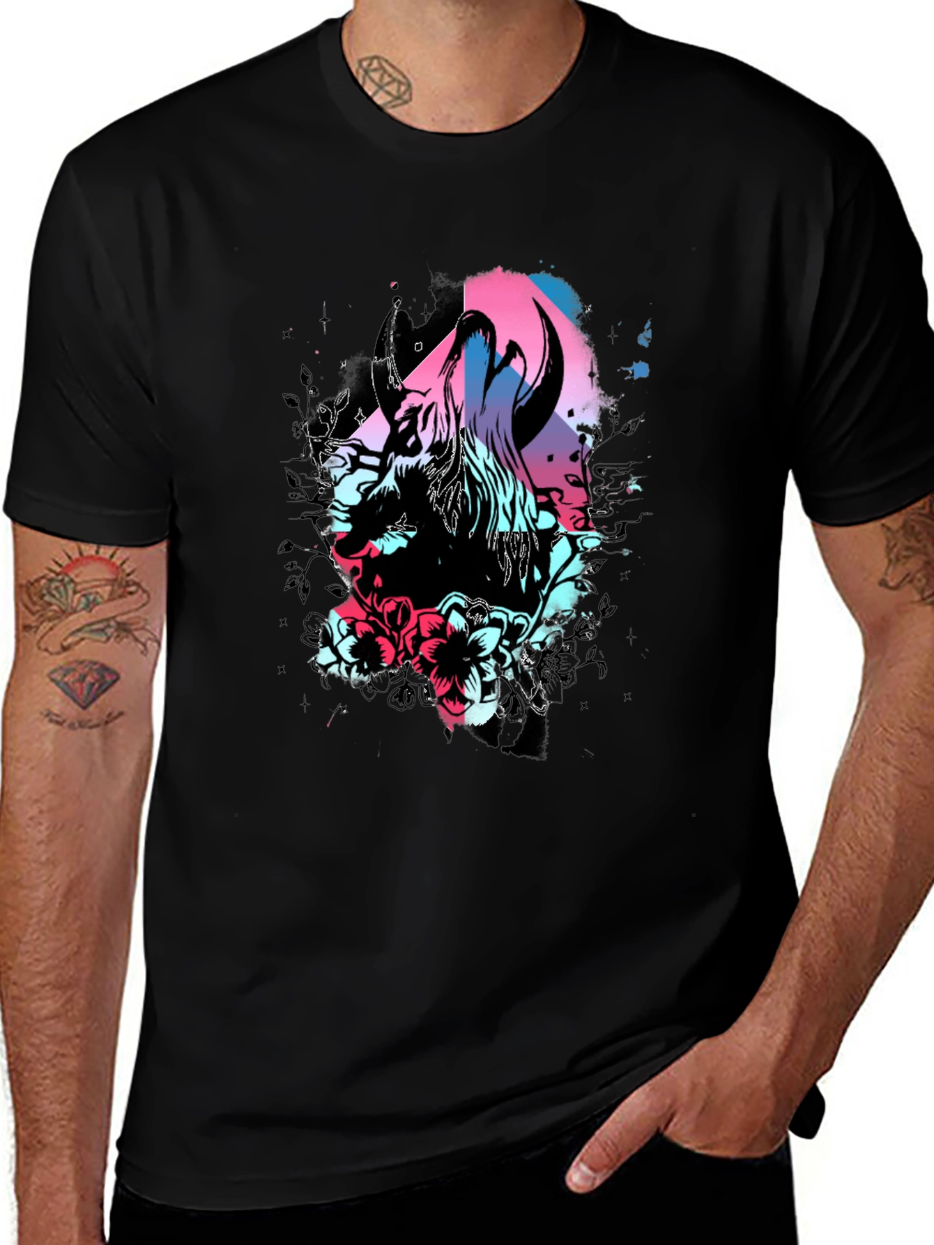Black Floral Bull Graphic Tee - Trendy Men's Black T-Shirt main image