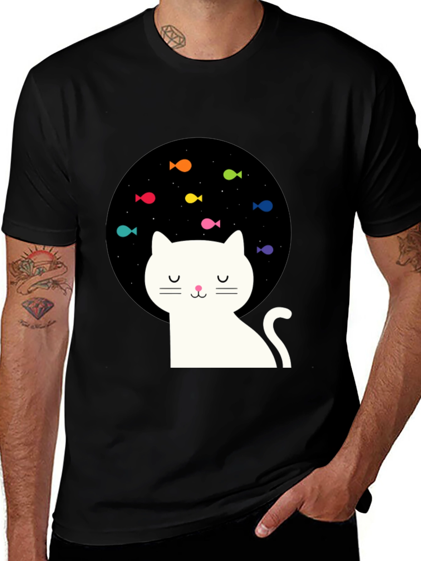 Variant 12 of Dreamy Cat Black T-Shirt with Fish Design