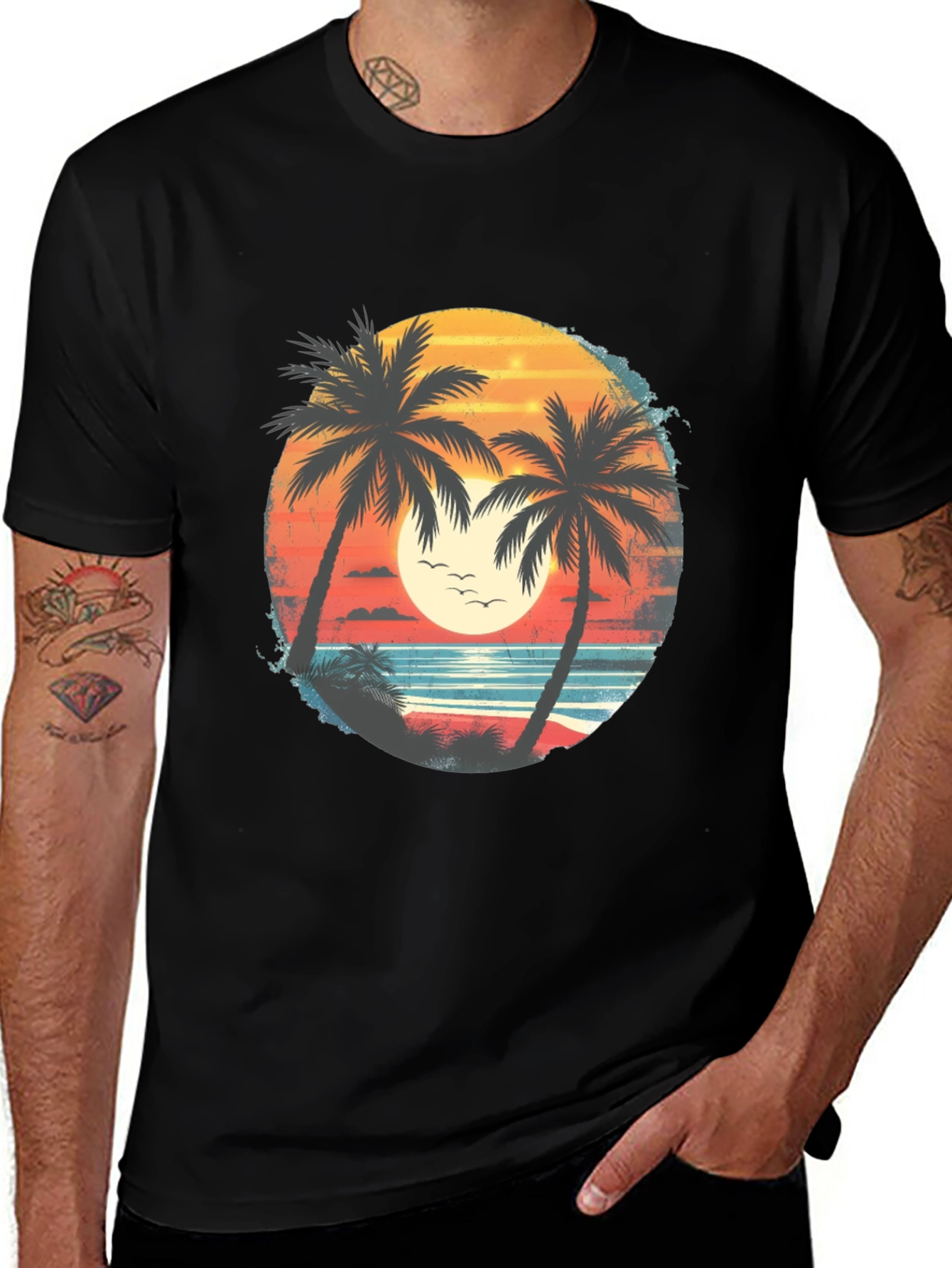 Variant 6 of Retro Palm Beach T-Shirt - Tropical Sunset Tee