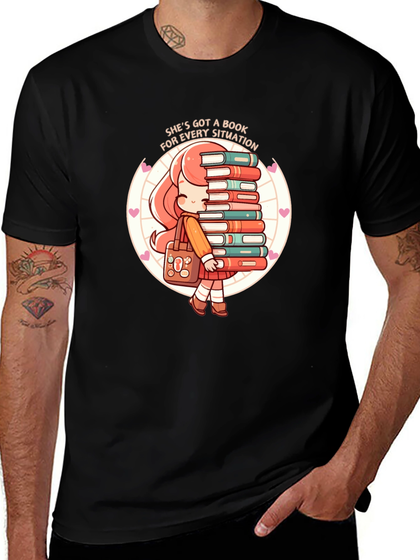 Book Lover T-Shirt - Anime Girl with Stack of Books