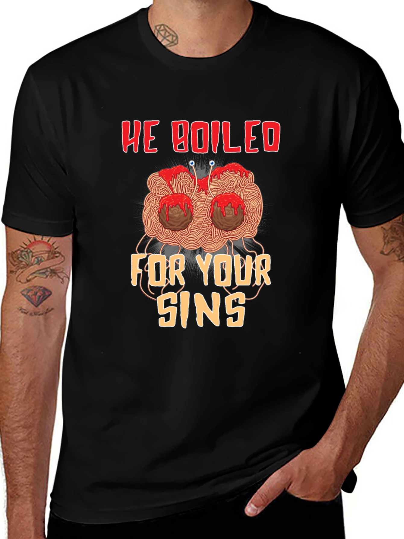 Flying Spaghetti Monster T-Shirt - He Boiled For Your Sins!