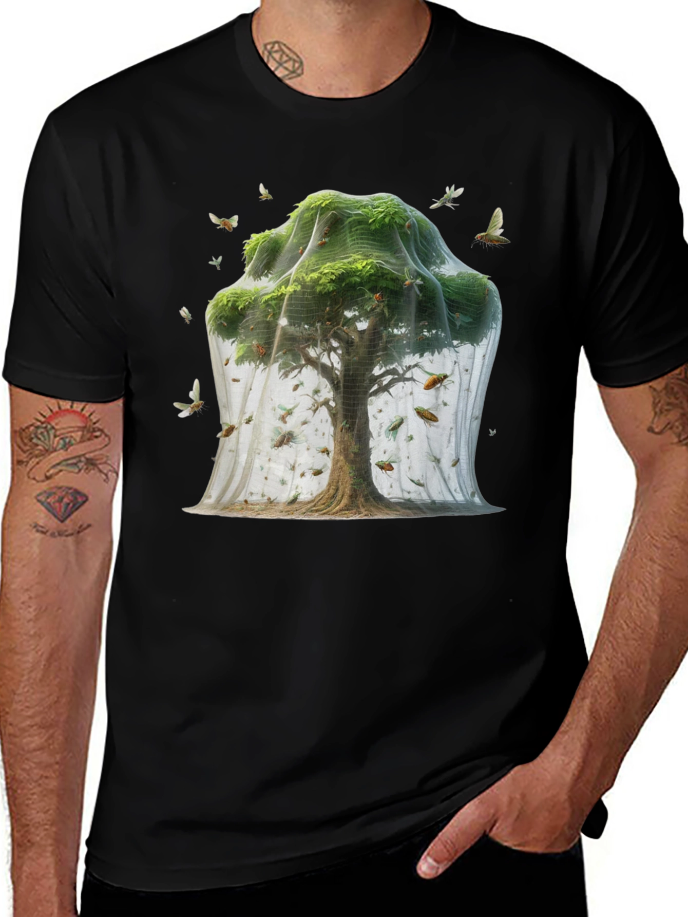 Variant 22 of Nature Tree Insect Graphic Print Black T-Shirt