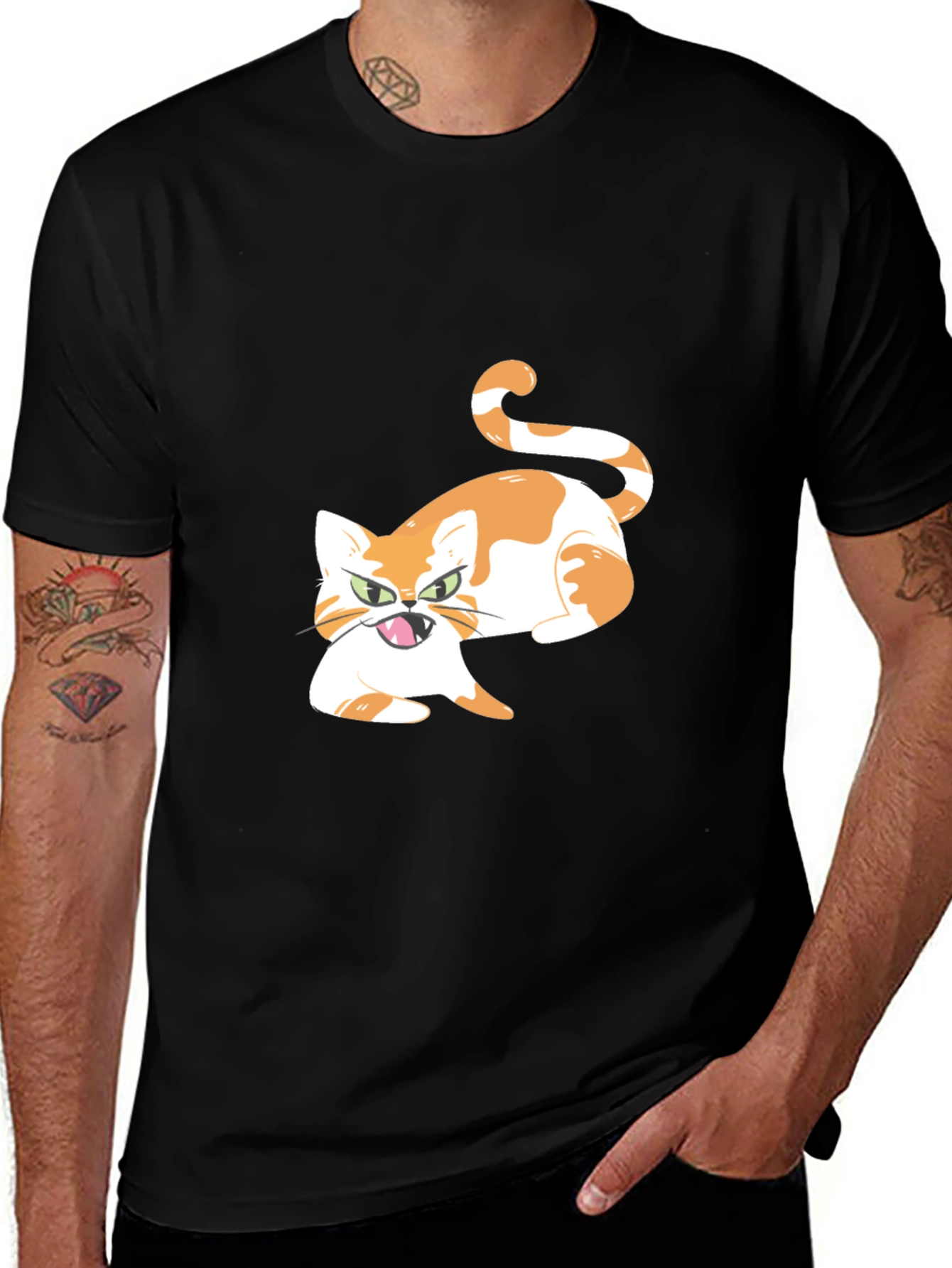 Variant 7 of Cartoon Cat Graphic Tee - Black Cotton Blend