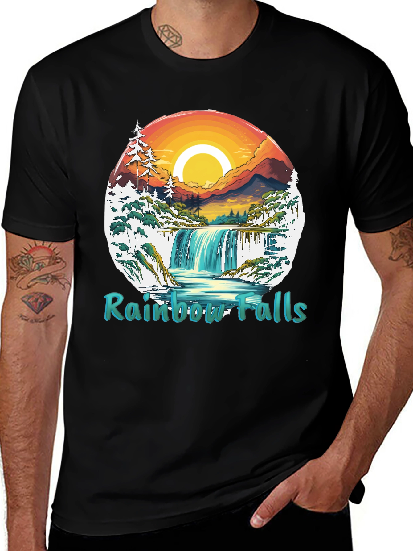 Variant 17 of Rainbow Falls Graphic T-Shirt - Nature Landscape Tee