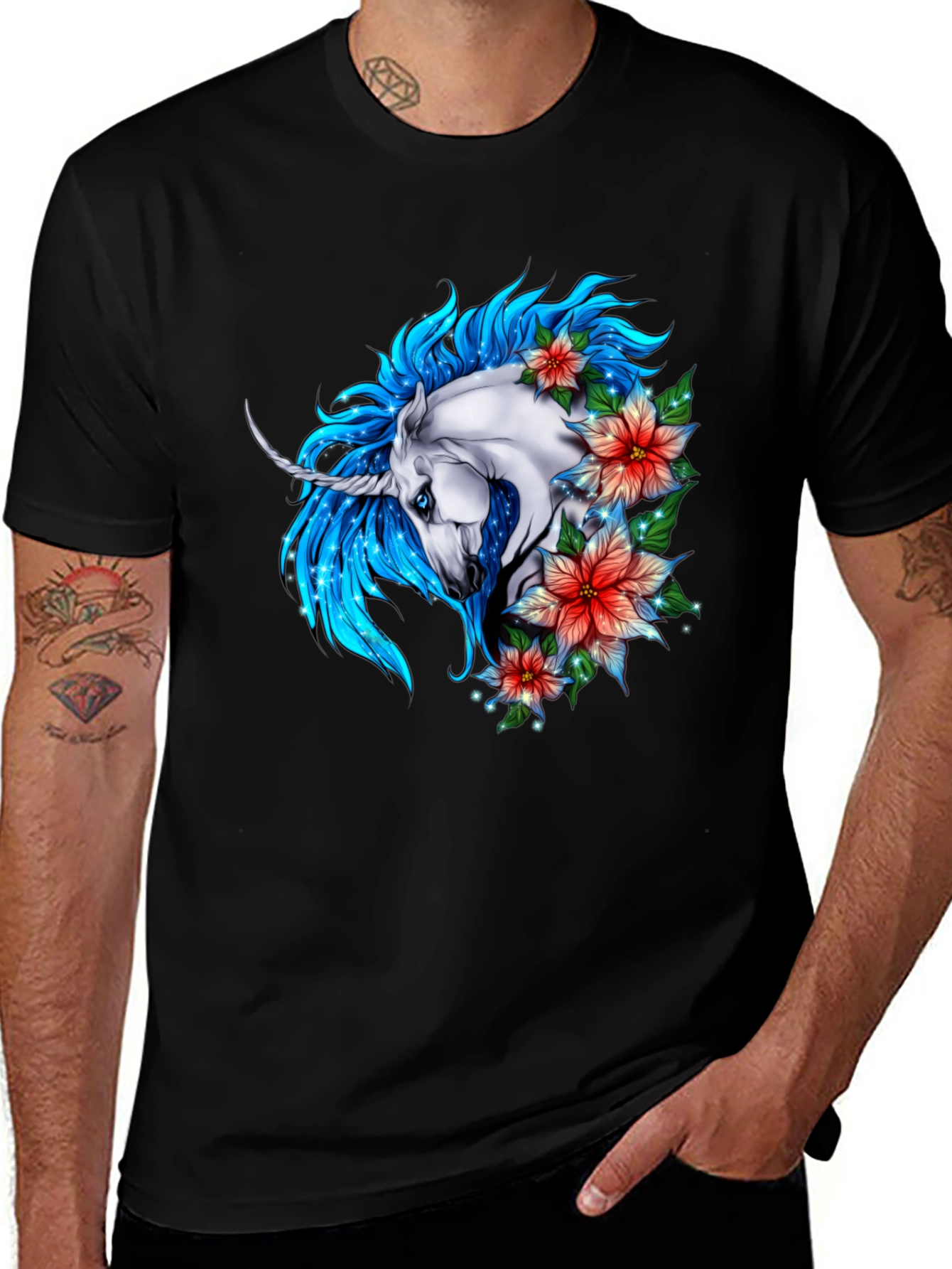 Black Unicorn Floral Graphic Tee - Stylish Men's Black T-Shirt main image