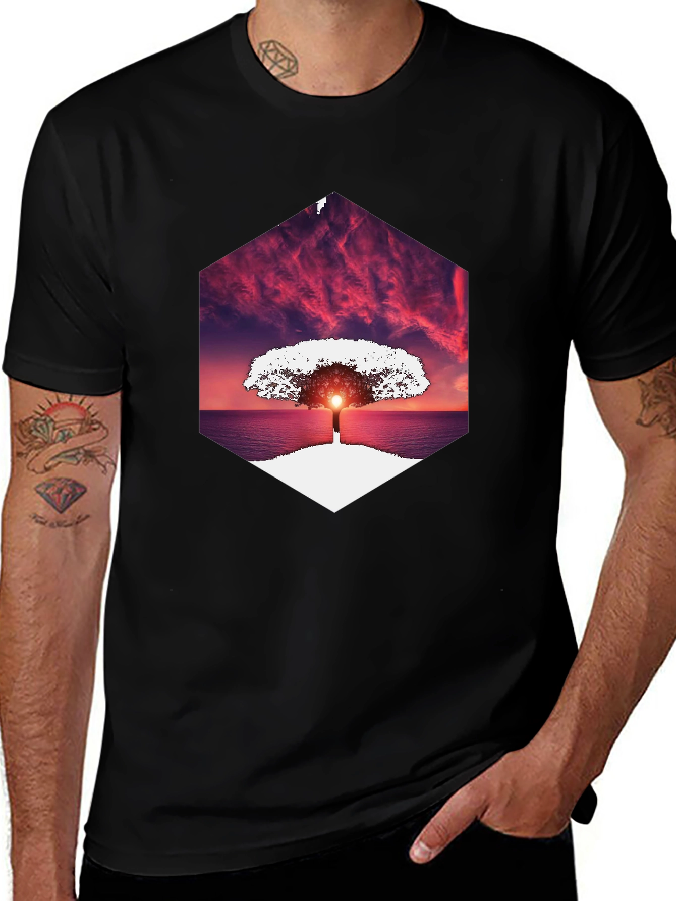 Variant 7 of Sunset Tree Graphic Tee - Unique Hexagon Design