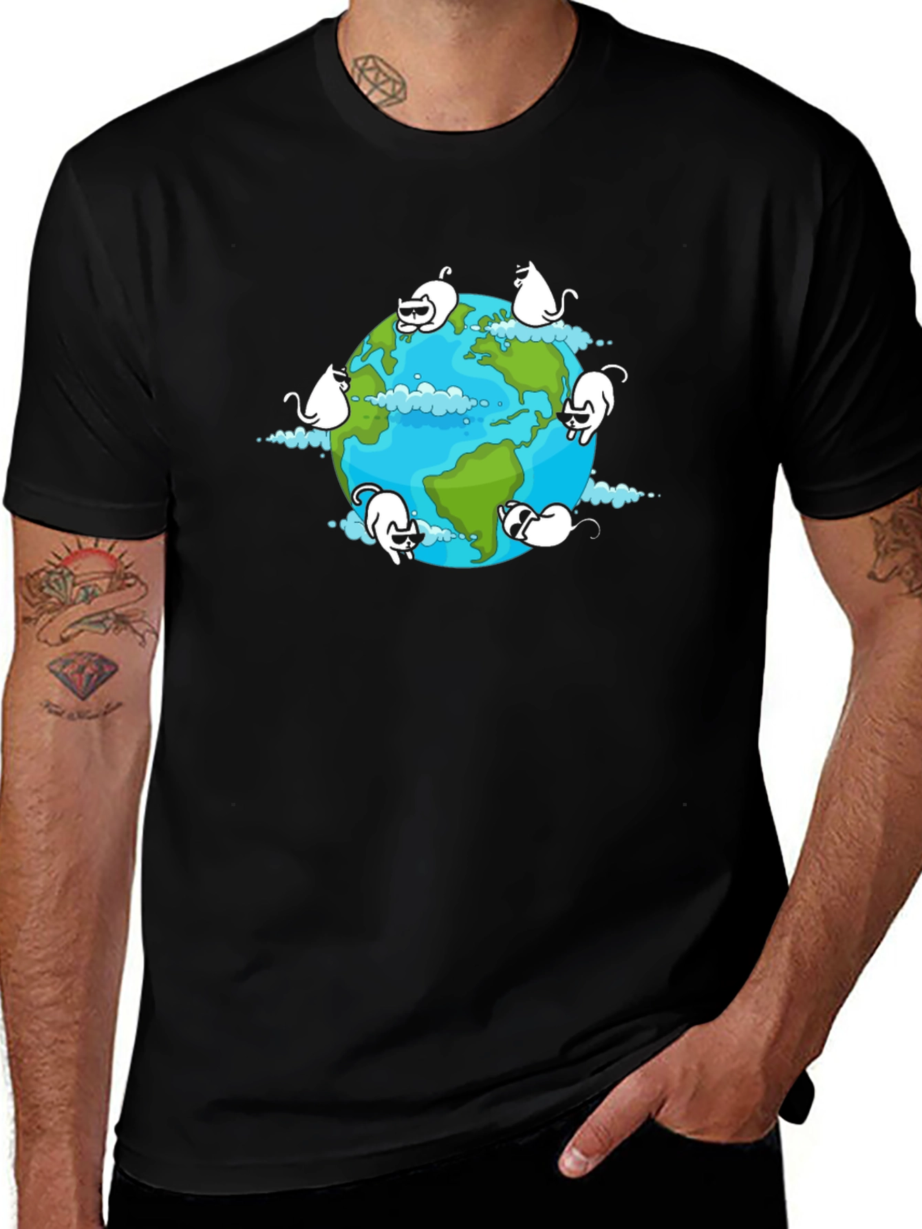 Variant 27 of Cat Earth Graphic Black T-Shirt