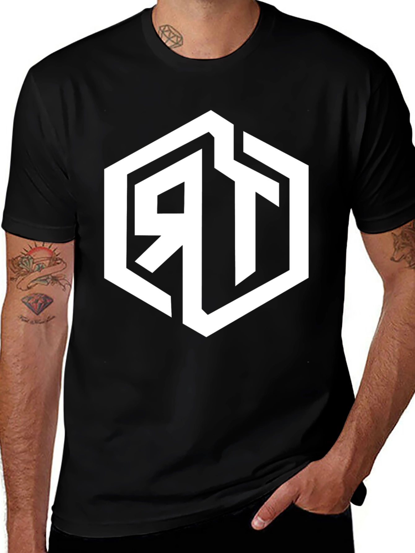 Variant 20 of Men's Black Graphic Tee with Geometric RT Logo