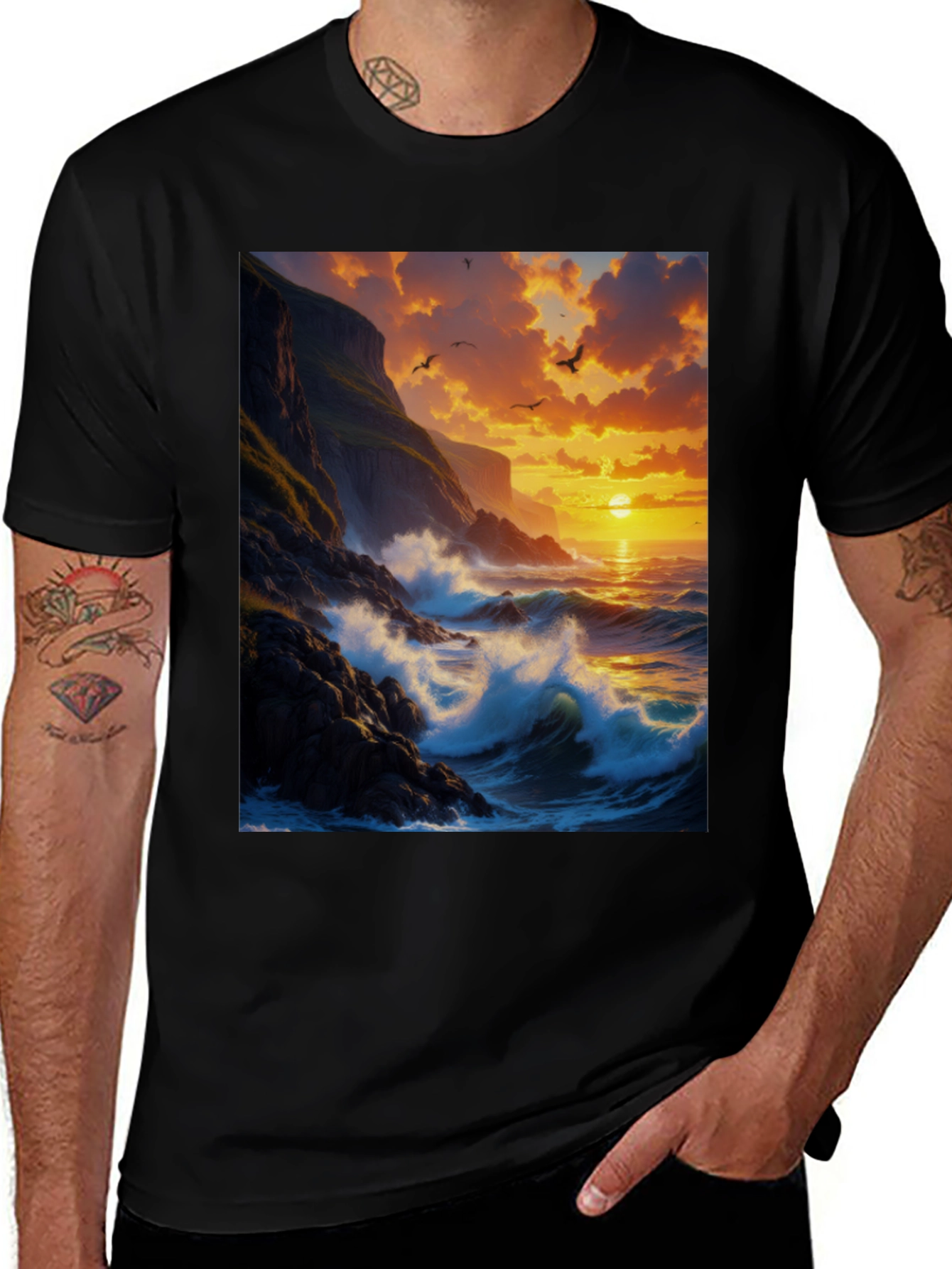 Sunset Waves Graphic Tee - Black Cotton Casual Shirt