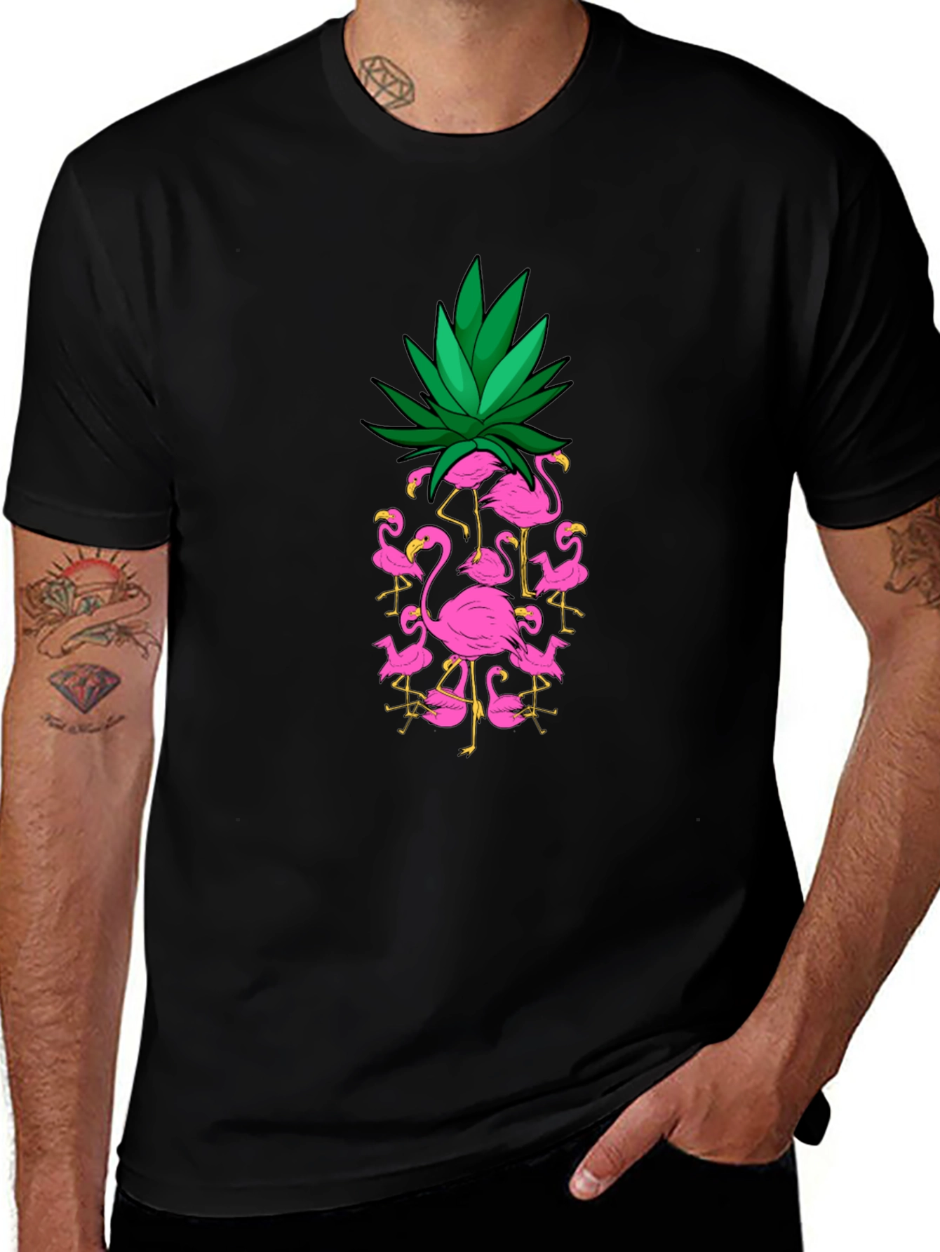 Variant 18 of Flamingo Pineapple Graphic Tee - Black Cotton T-Shirt