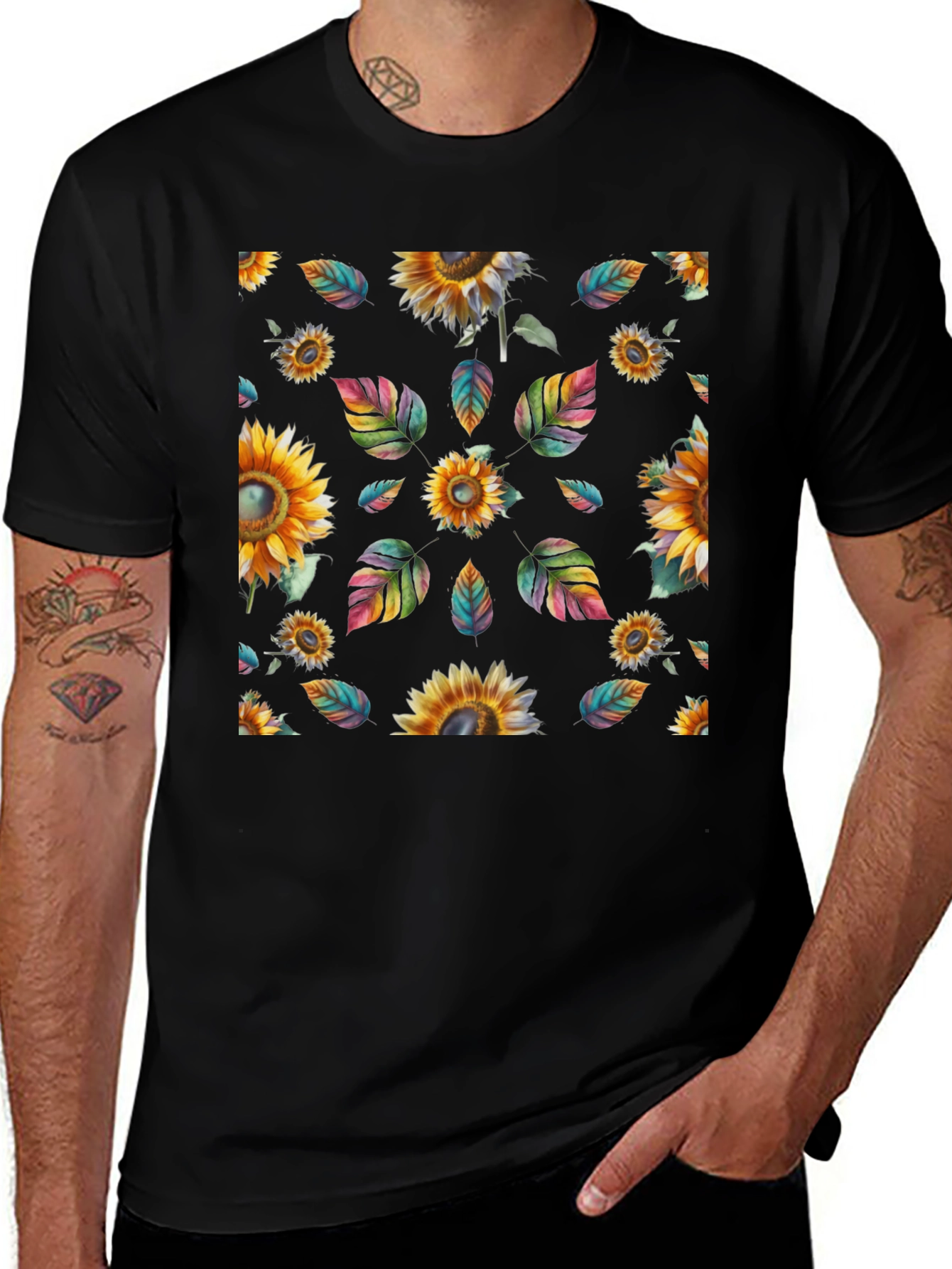 Sunflower & Leaves Print Black T-Shirt