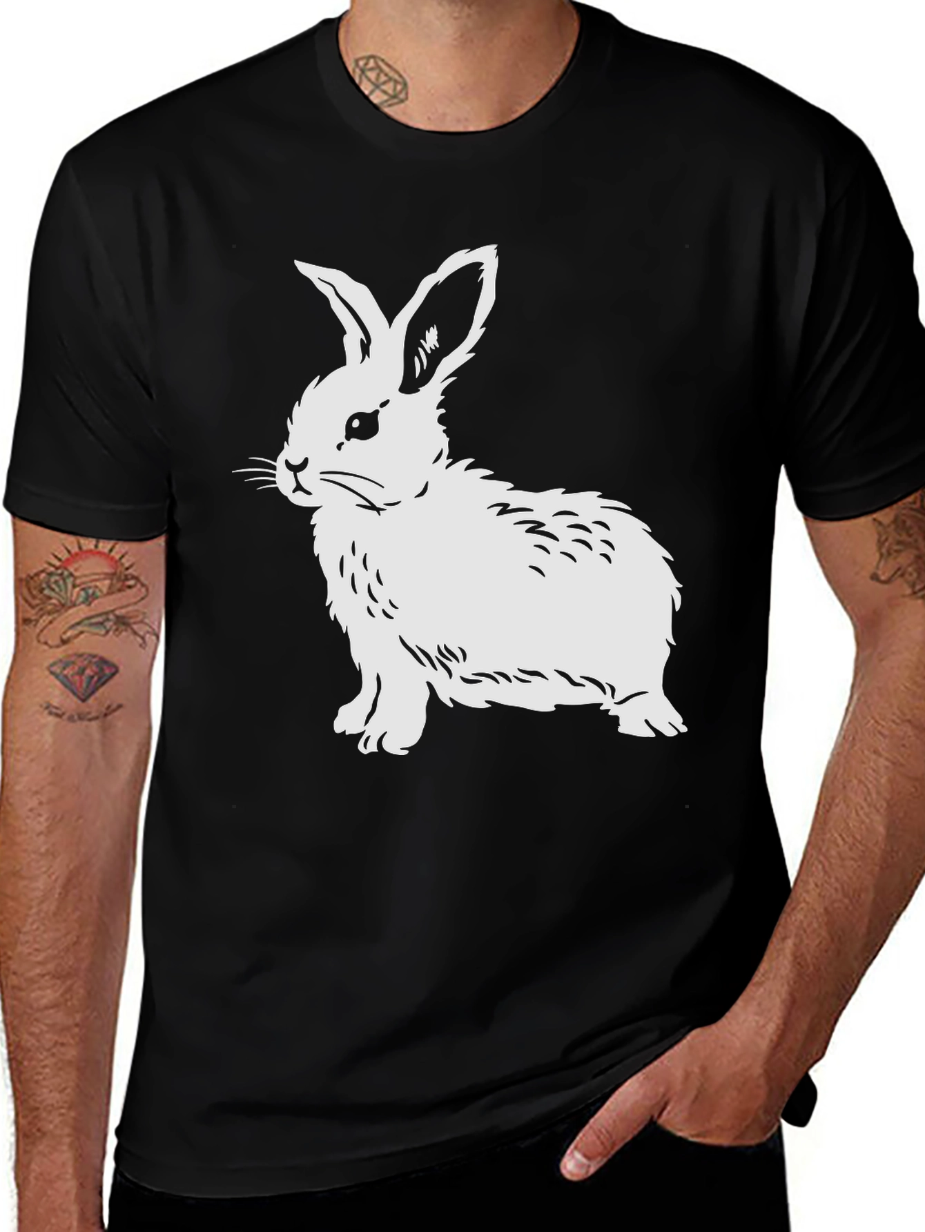 Variant 20 of Black T-Shirt with White Rabbit Graphic Print