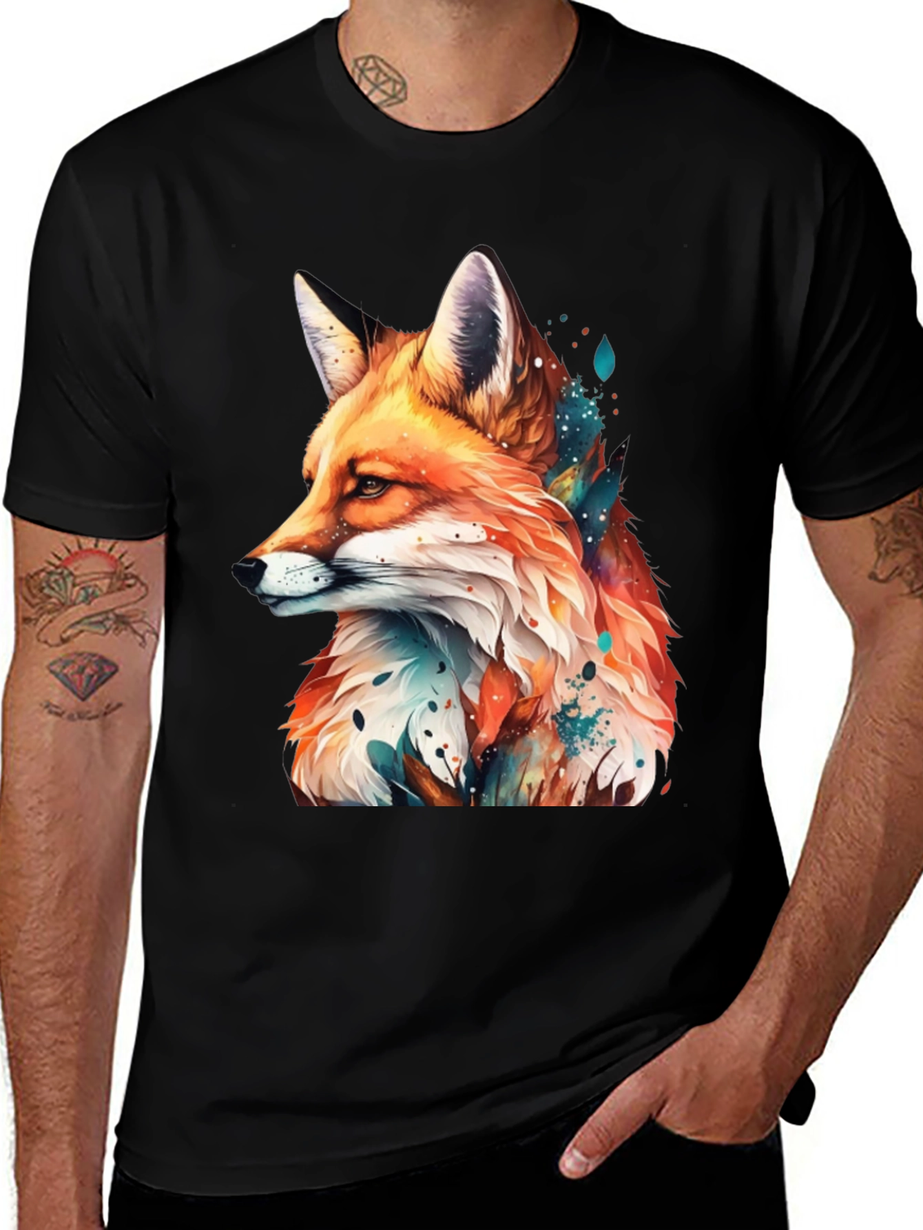 Fox Graphic Black Tee - Artistic Animal Print