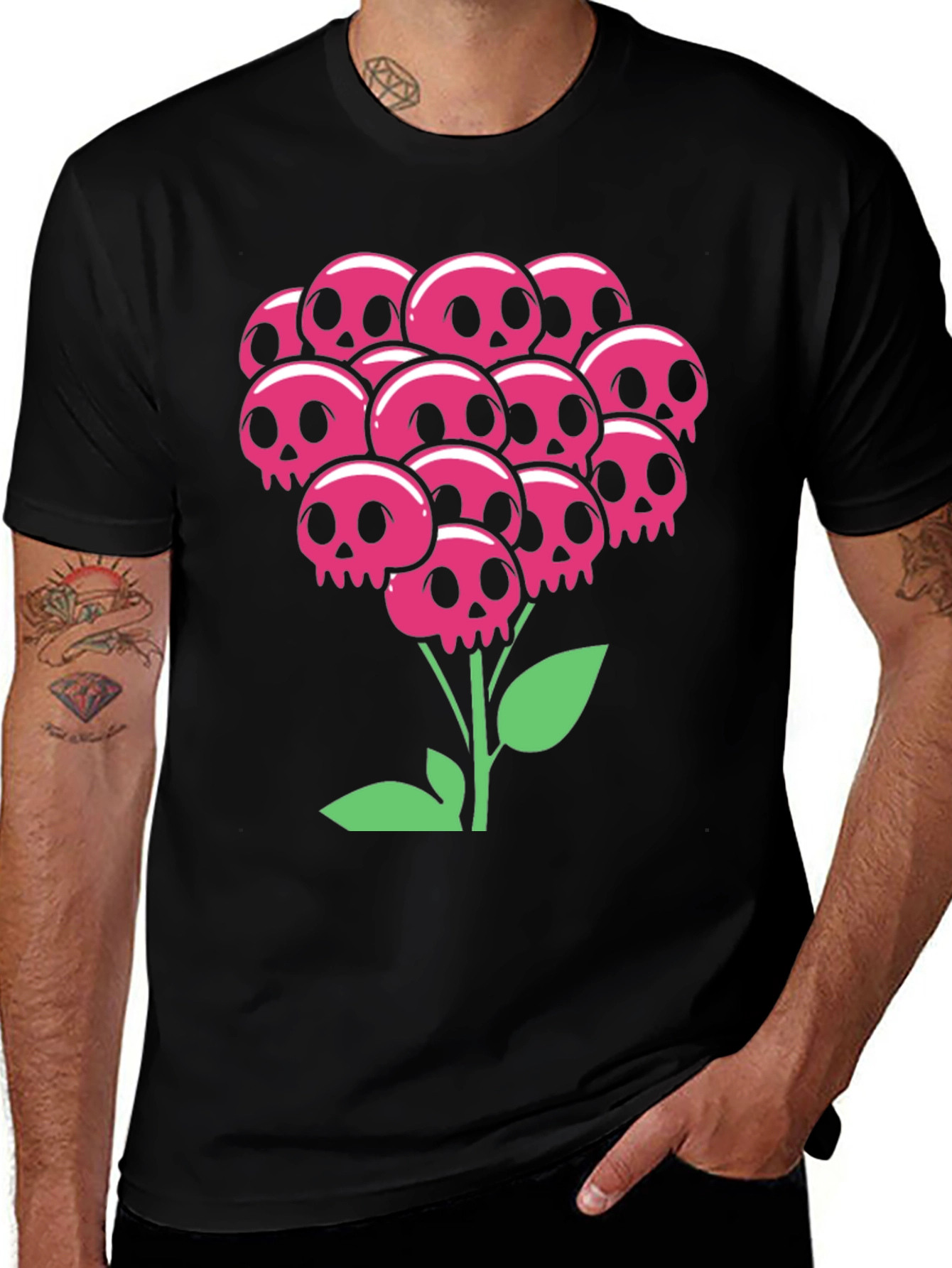 Variant 2 of Skull Bouquet T-Shirt - Floral Goth Style