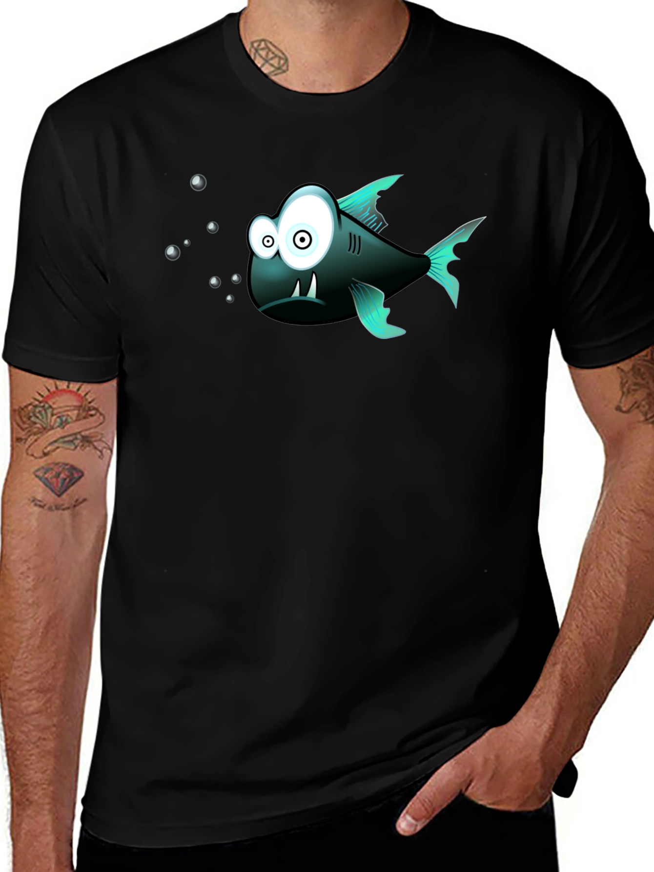 Variant 14 of Cartoon Fish Graphic Black T-Shirt