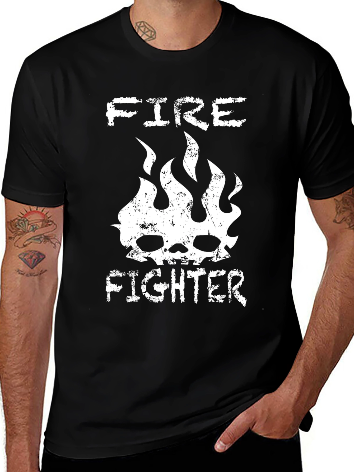 Variant 8 of Fire Fighter Graphic Tee - Skull & Flames Design