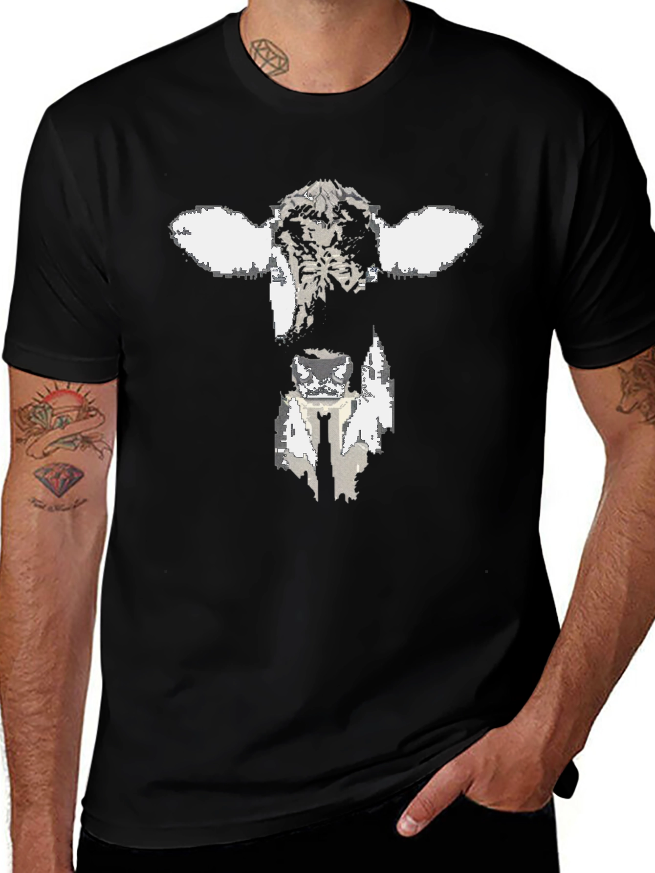 Variant 30 of Cow Face Graphic Tee - Black Cotton T-Shirt