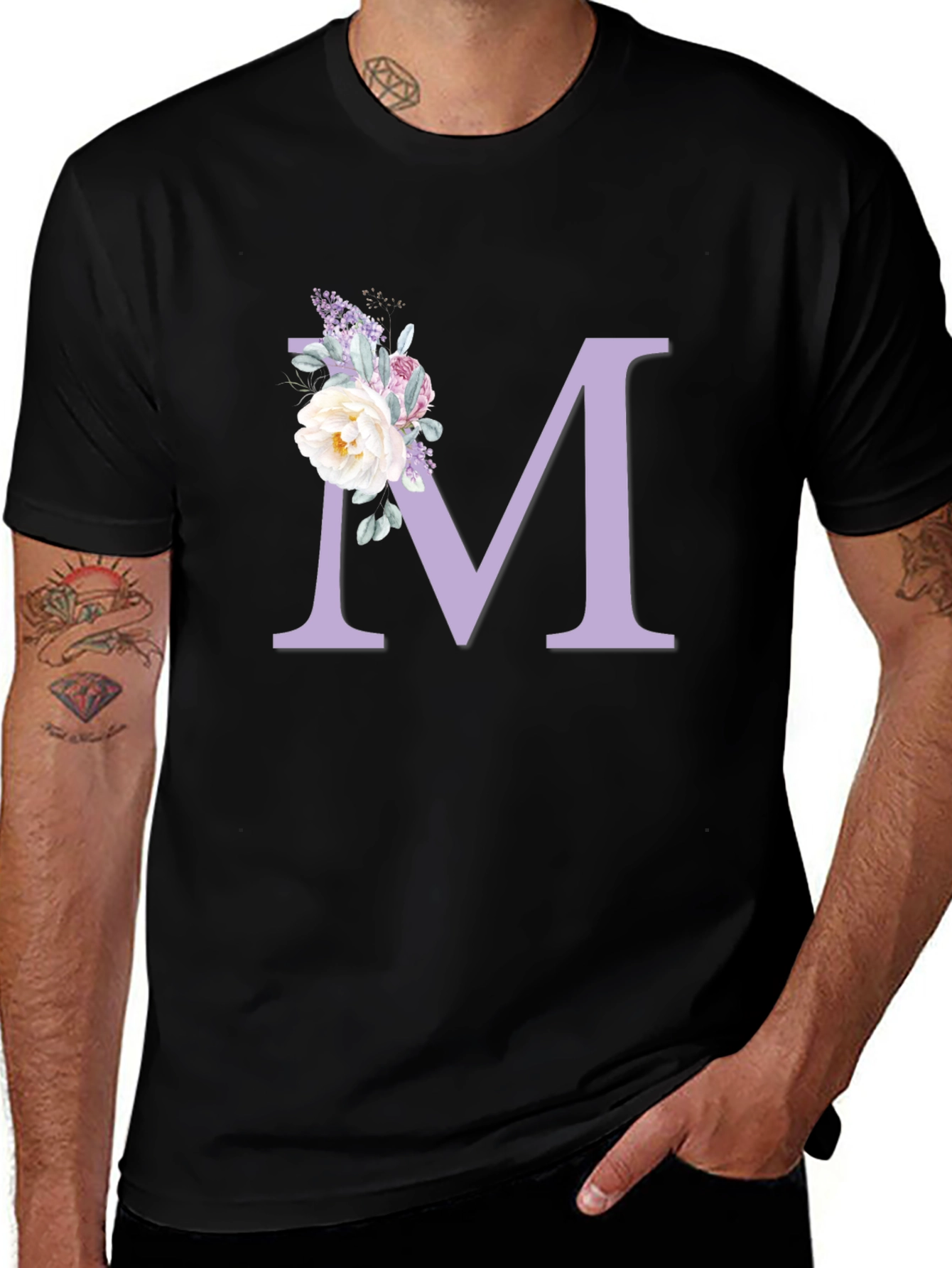 Variant 16 of Floral Initial M Black T-Shirt