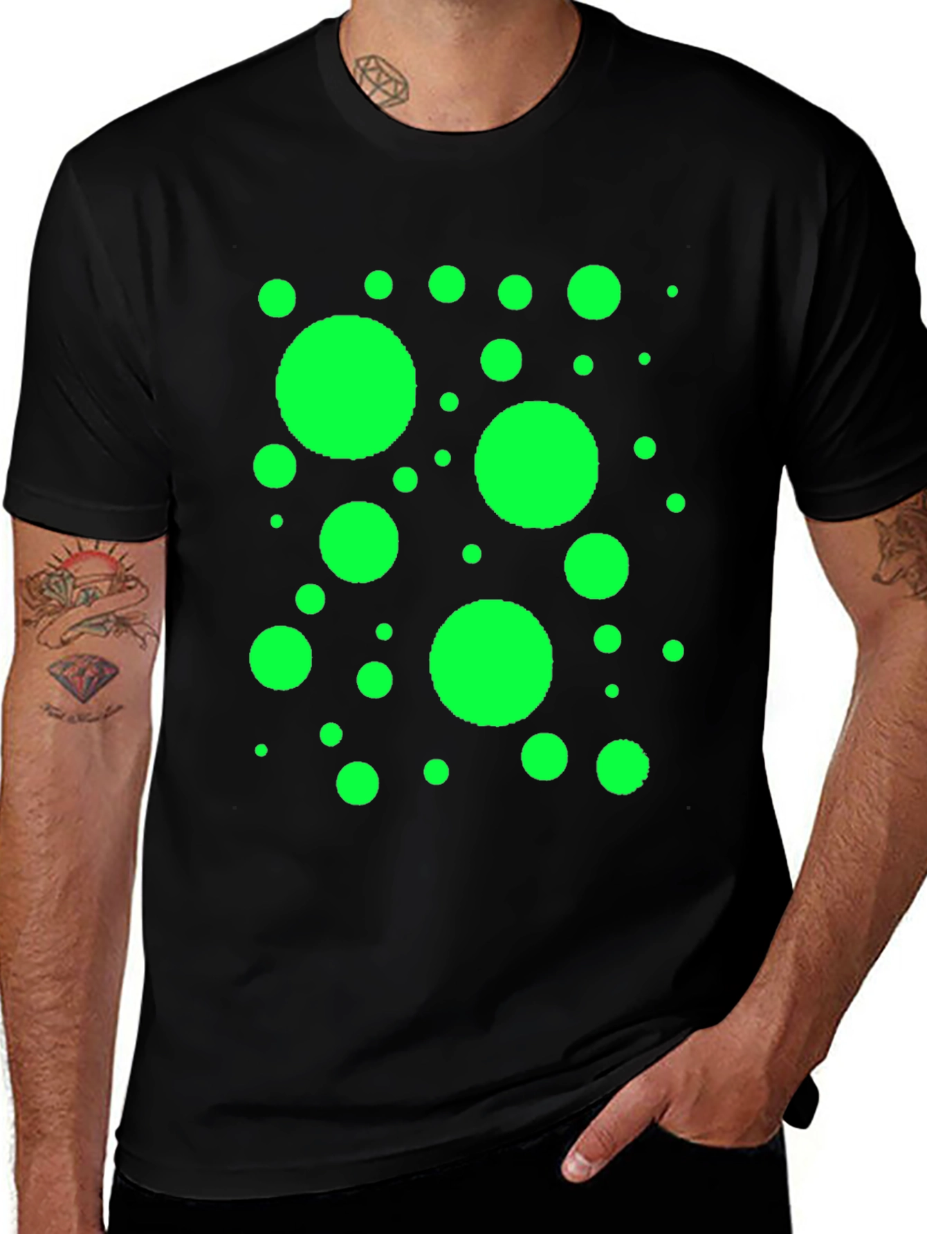 Variant 29 of Funky Black T-Shirt with Bright Green Dot Pattern