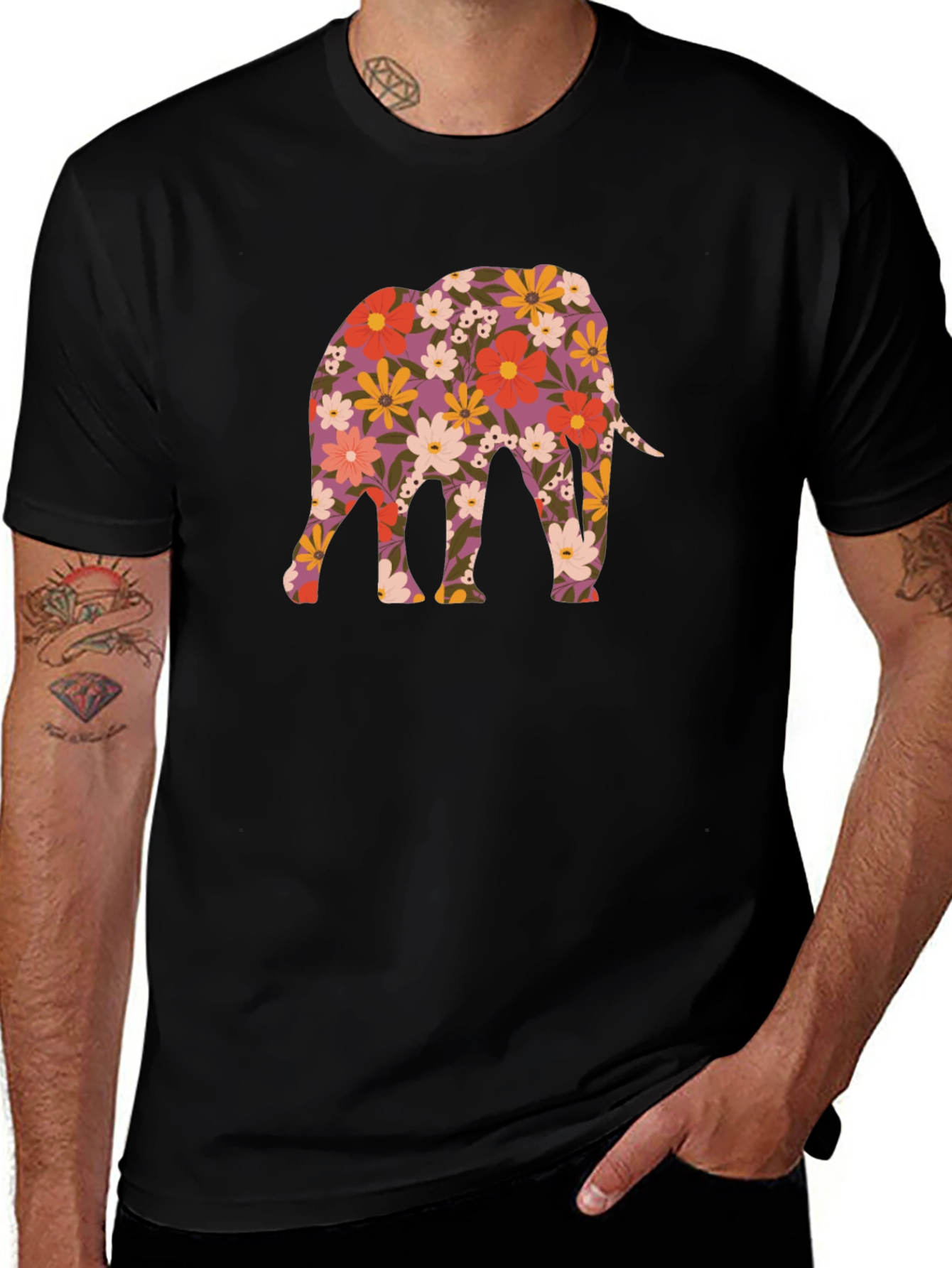 Variant 27 of Floral Elephant Graphic Tee - Black
