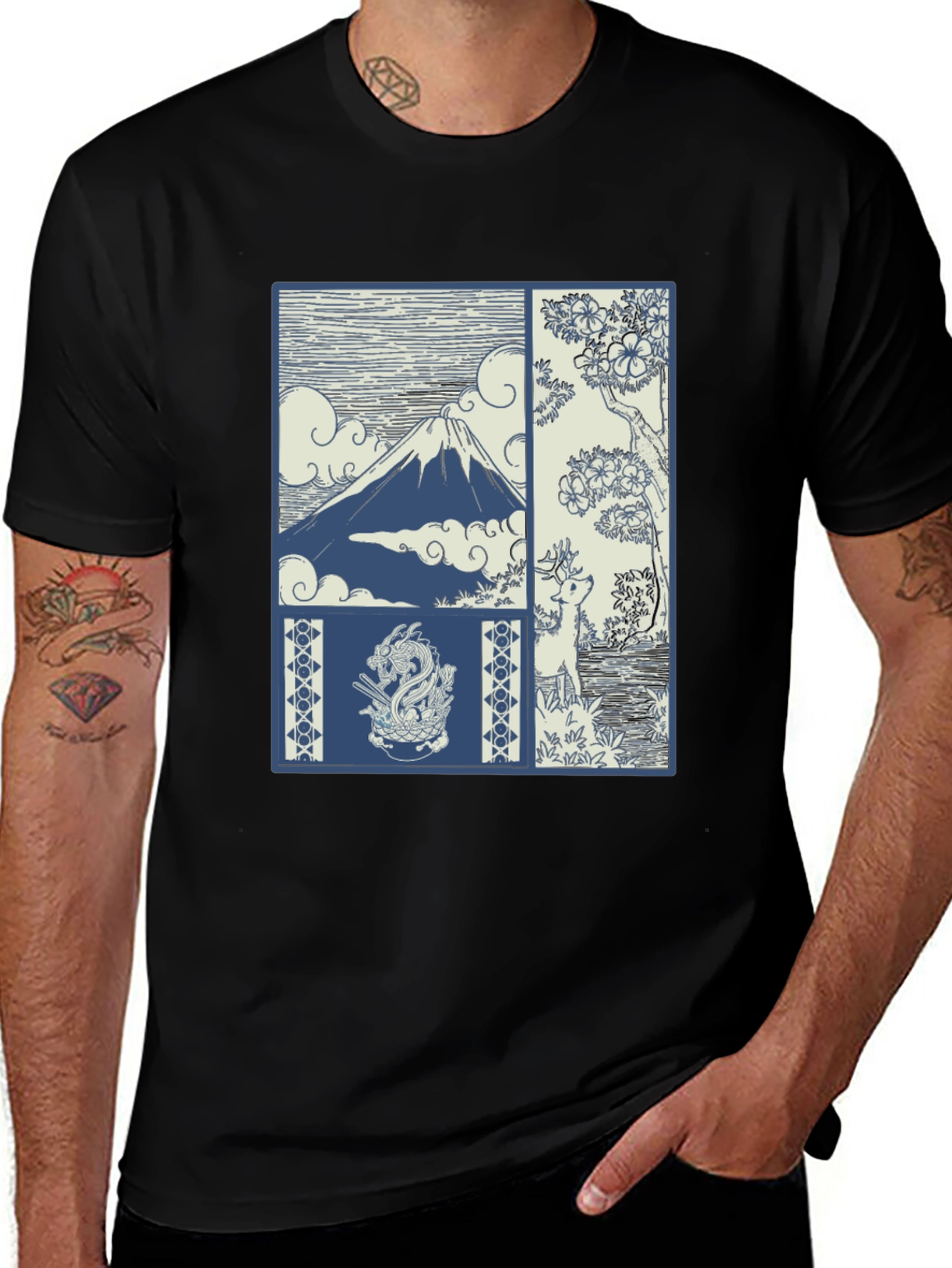 Variant 29 of Japanese Art Print T-Shirt: Mountain, Dragon, Deer