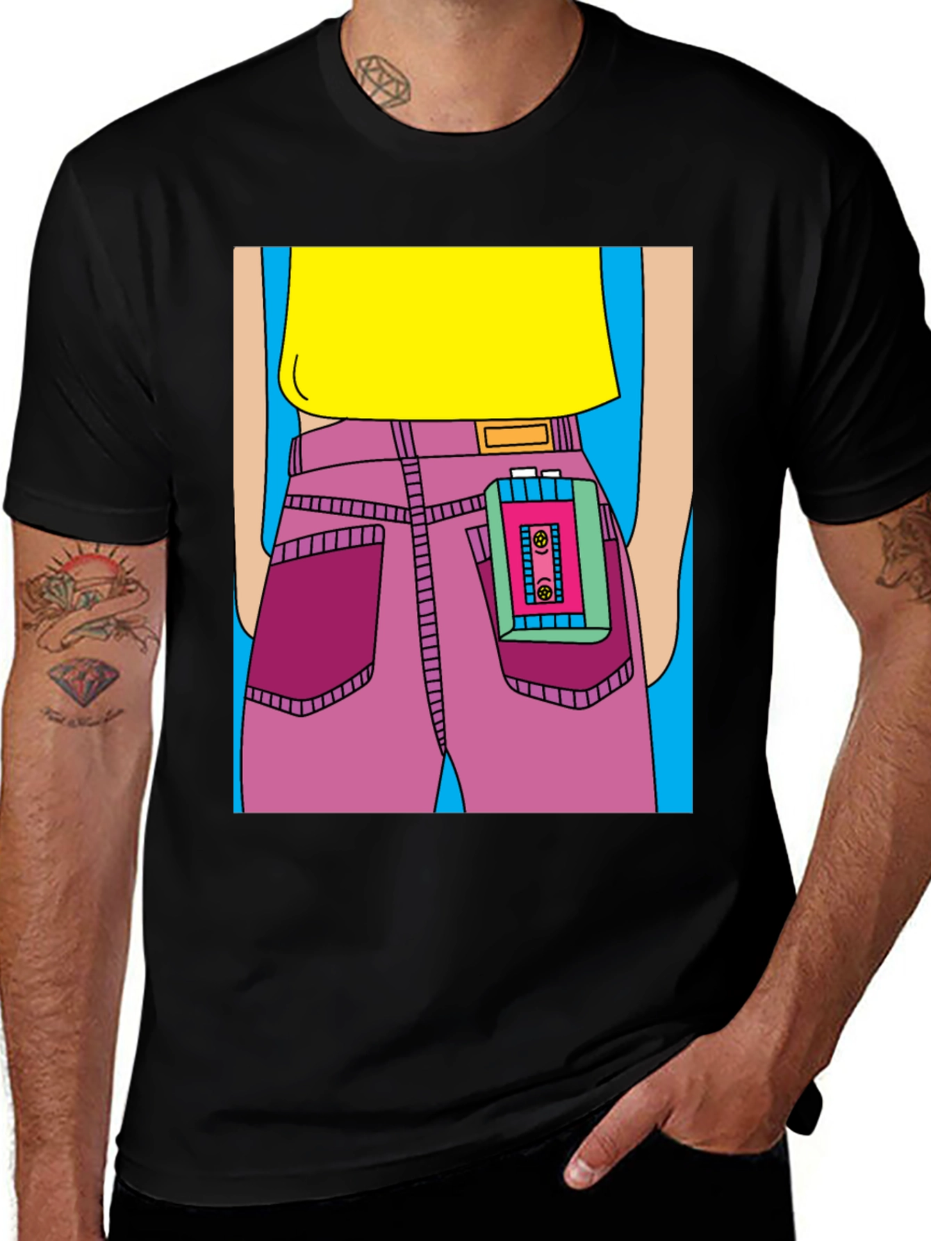 Variant 29 of Retro Cartoon T-Shirt: Cassette Player in Pocket