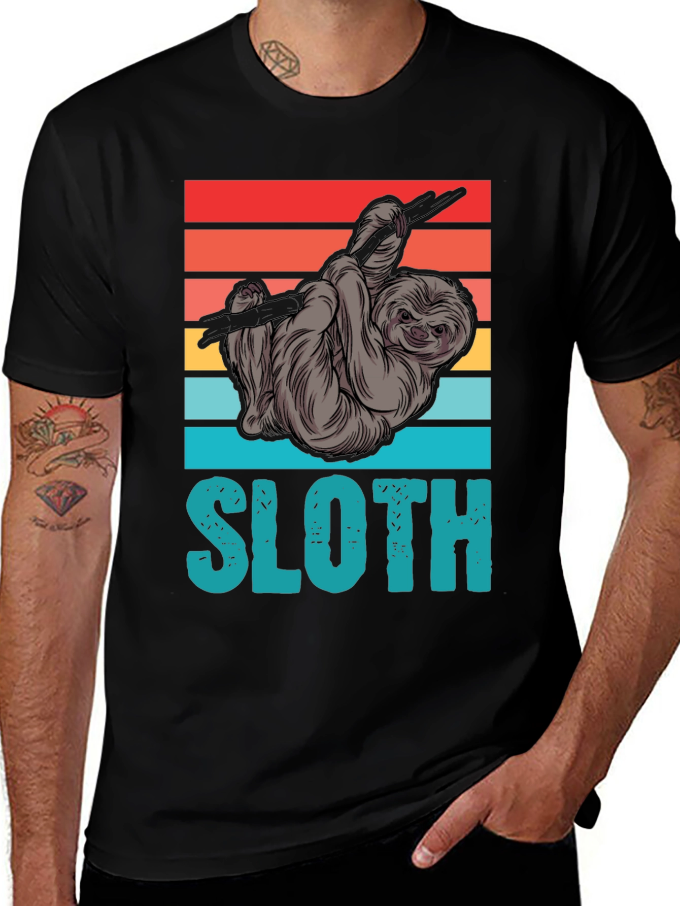 Variant 3 of Sloth Graphic Tee -  Retro Striped Design 