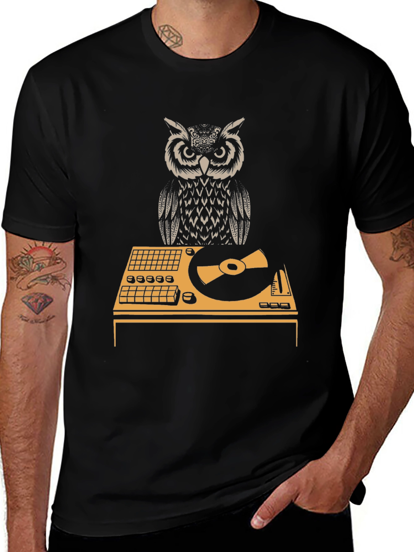 Variant 16 of DJ Owl Graphic Tee - Black Cotton T-Shirt