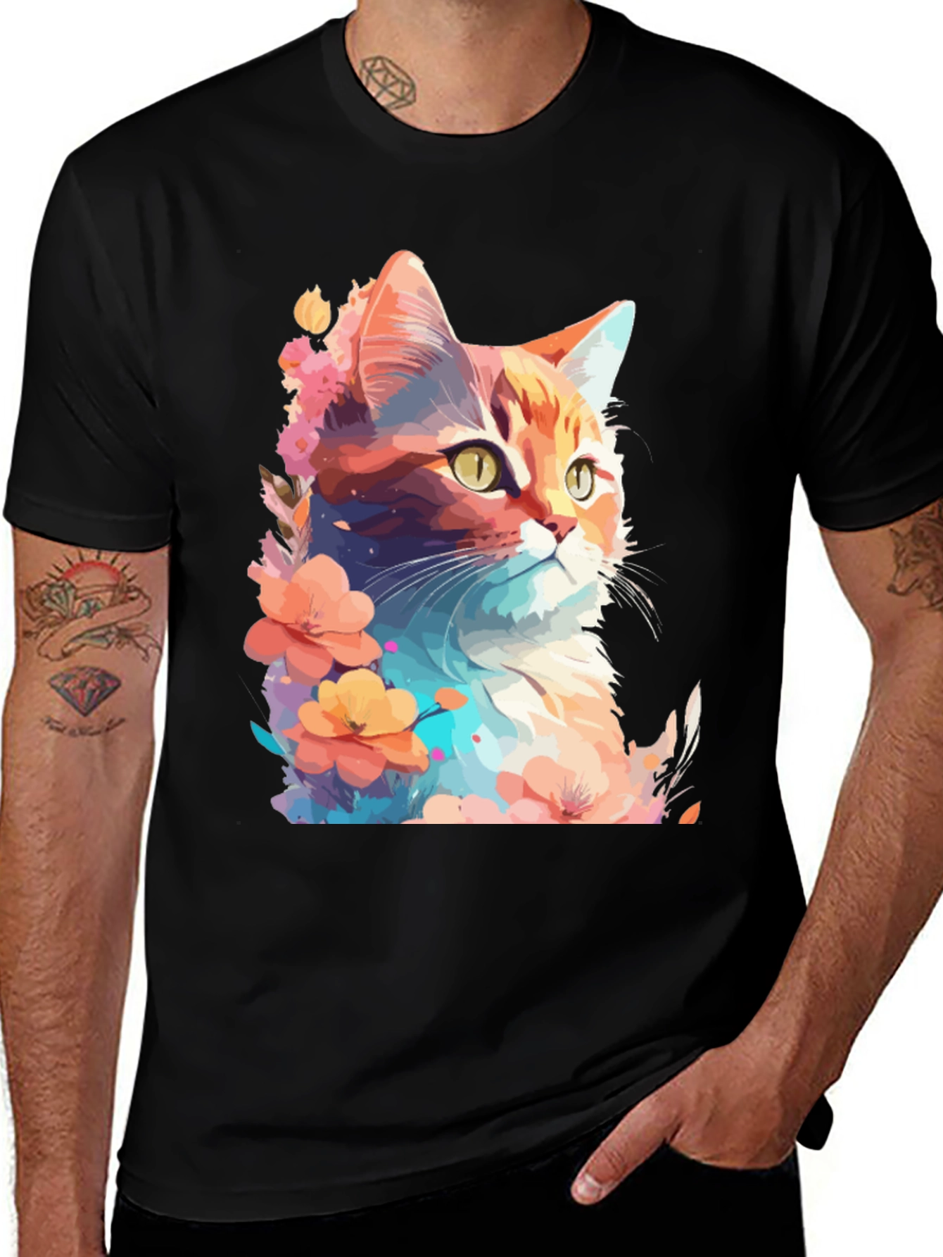Variant 6 of Floral Cat Graphic T-Shirt - Stylish Men's Tee