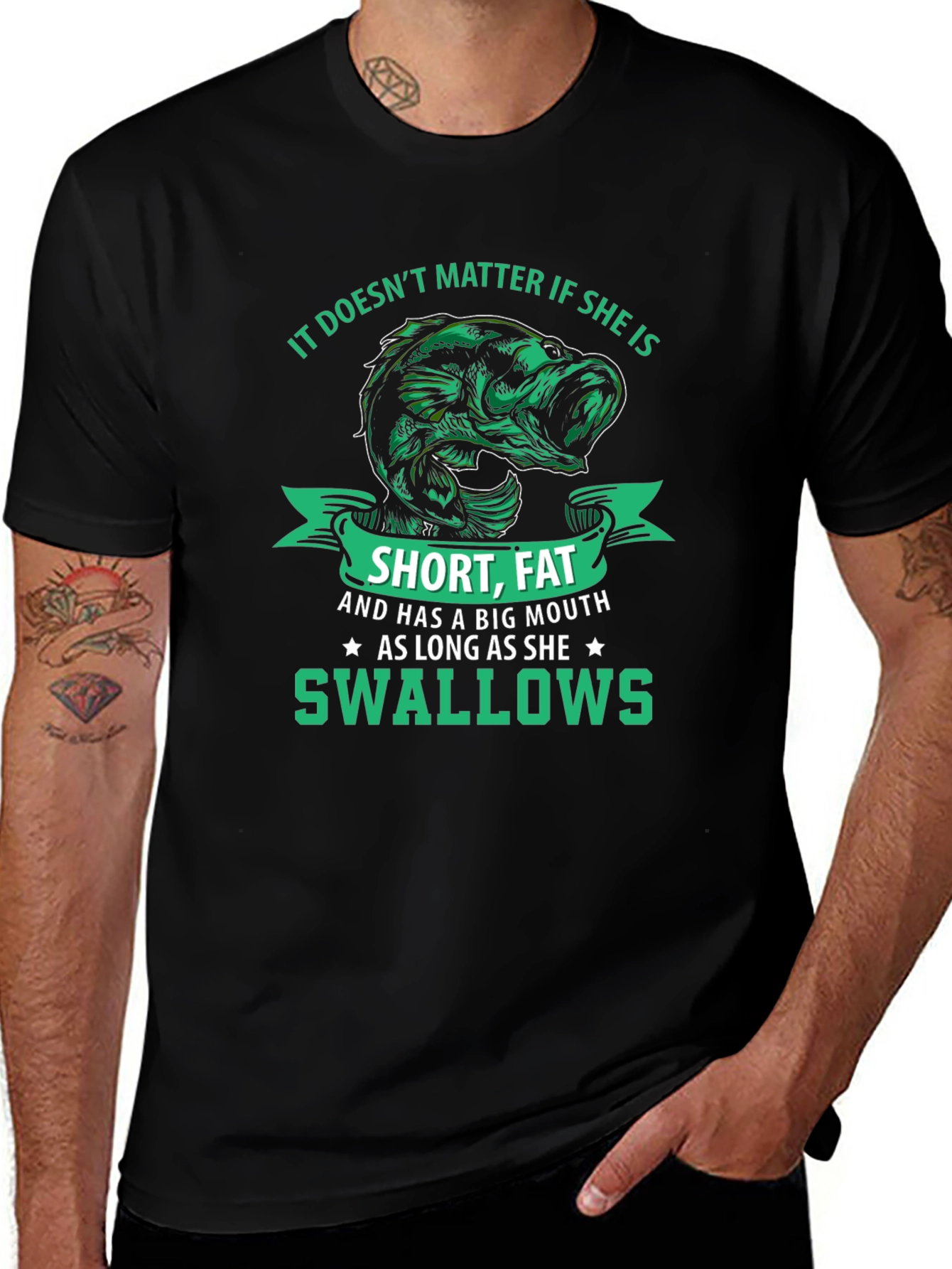 Variant 16 of Funny Fishing T-Shirt: Short, Fat, Big Mouth, Swallows