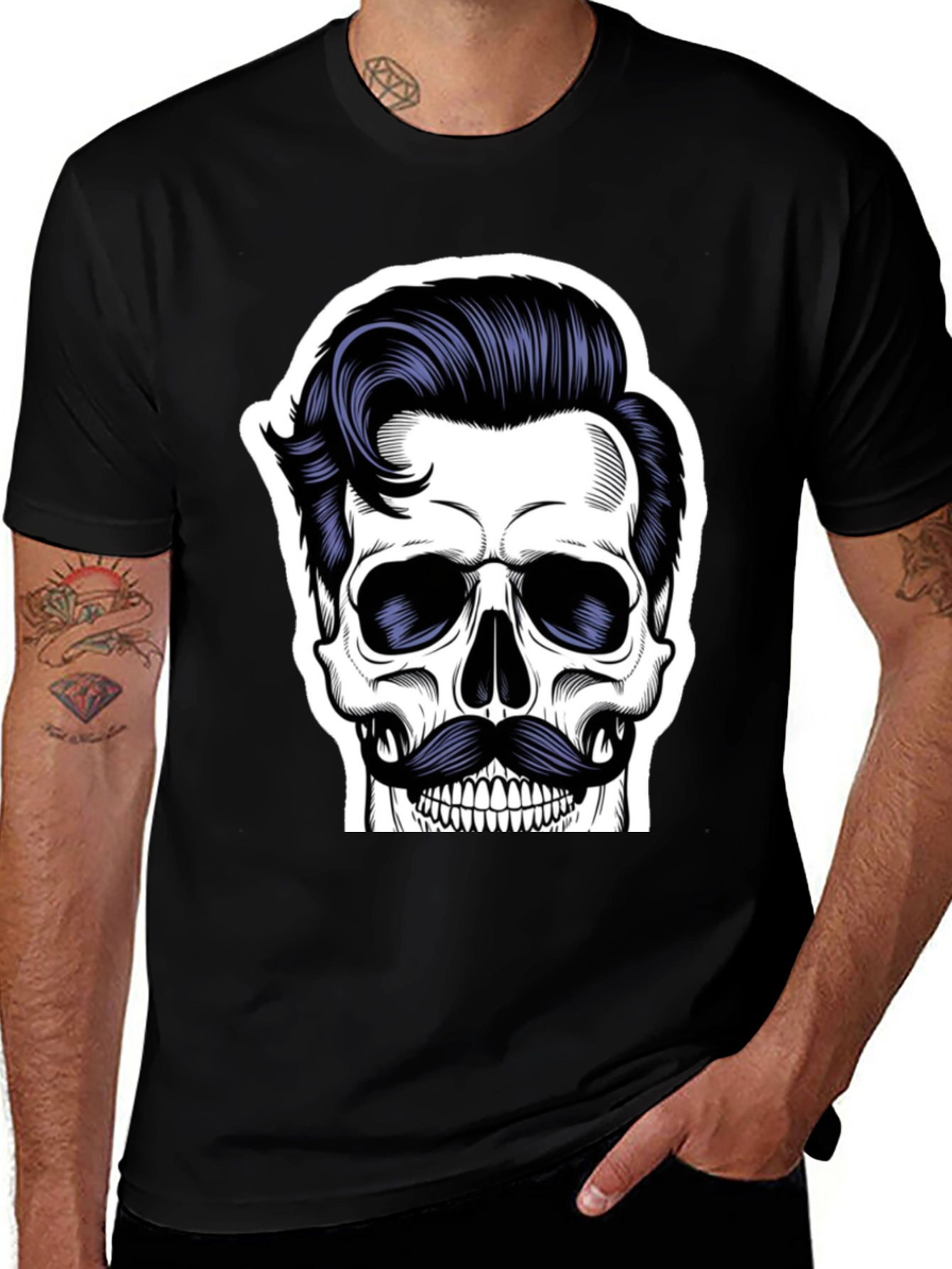 Variant 28 of Skull with Mustache Black T-Shirt
