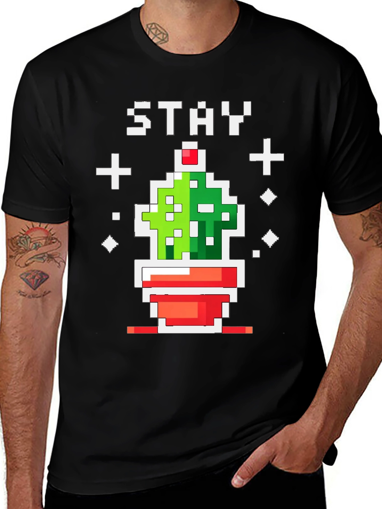 Variant 6 of Pixel Cactus Stay T-Shirt - Black Graphic Tee