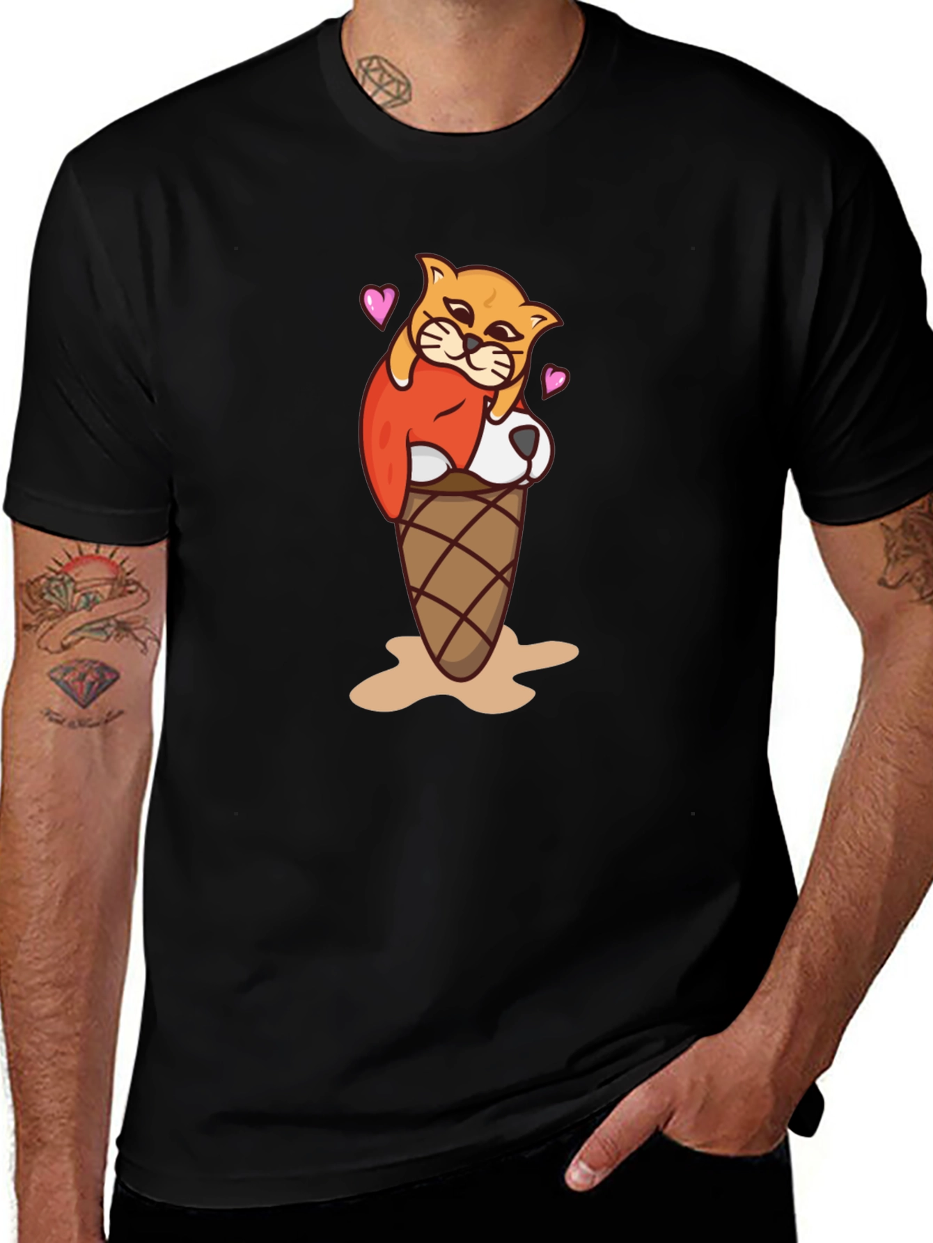 Variant 27 of Cute Cat Ice Cream Cone Graphic Tee - Black