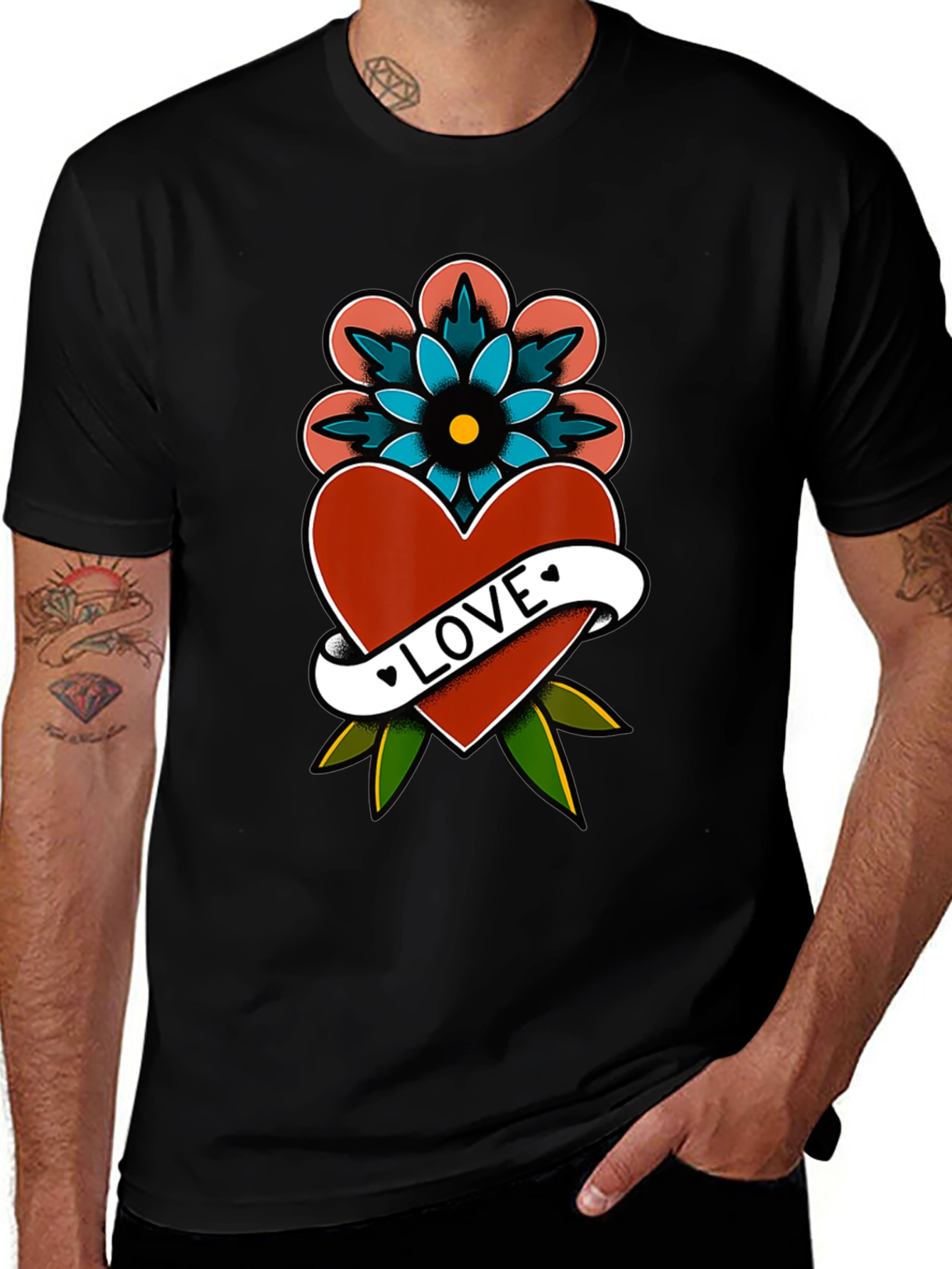 Love Heart & Flower Tattoo Graphic Tee