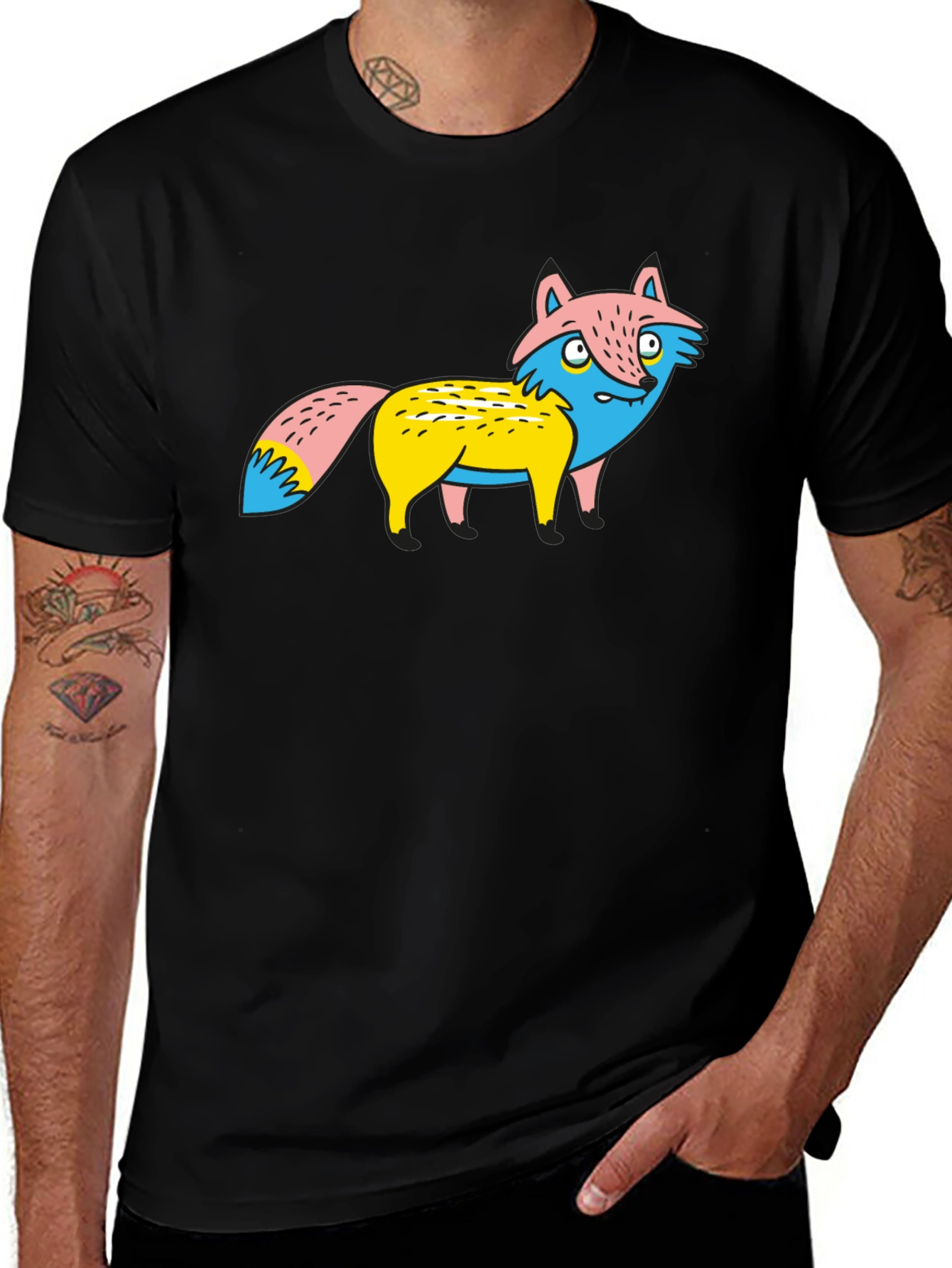 Variant 17 of Cartoon Fox Graphic Tee - Unique Print, Black Shirt