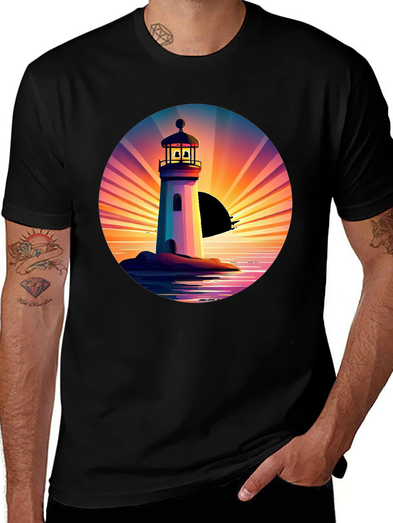 Variant 7 of Lighthouse Sunset Graphic Tee - Stylish Men's Black T-Shirt