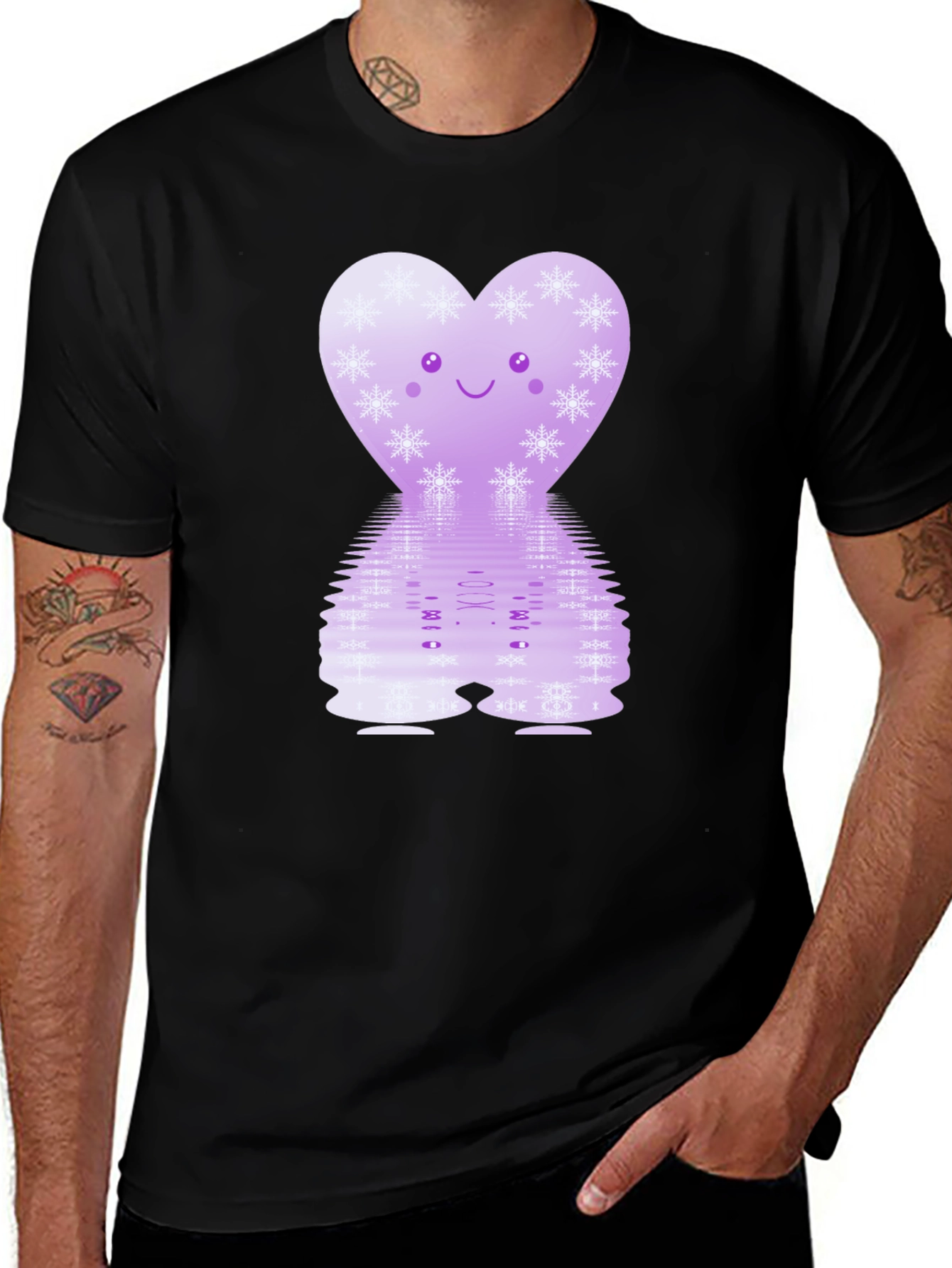 Cute Heart Snowflake Graphic Tee - Black Cotton Blend
